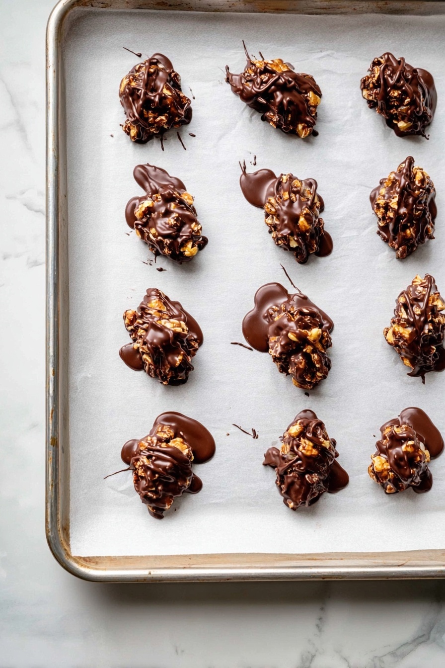Chocolate Peanut Butter Stuffed Dates, healthy chocolate peanut butter snacks, no-bake date desserts, easy chocolate peanut butter bites, healthy sweet treats with dates - The image shows a metal baking tray lined with white parchment paper, holding 14 small clusters of nuts that are partially covered with melted dark chocolate. Each cluster is irregular in shape, with a rough texture from the nuts, and glossy chocolate drizzled unevenly over the top, pooling slightly on the parchment underneath some pieces. The tray rests on a white marbled surface, and the overall look is neat but rustic, with the chocolate giving a shiny, smooth contrast to the crunchy nuts. photo taken with an iphone --ar 2:3 --v 7