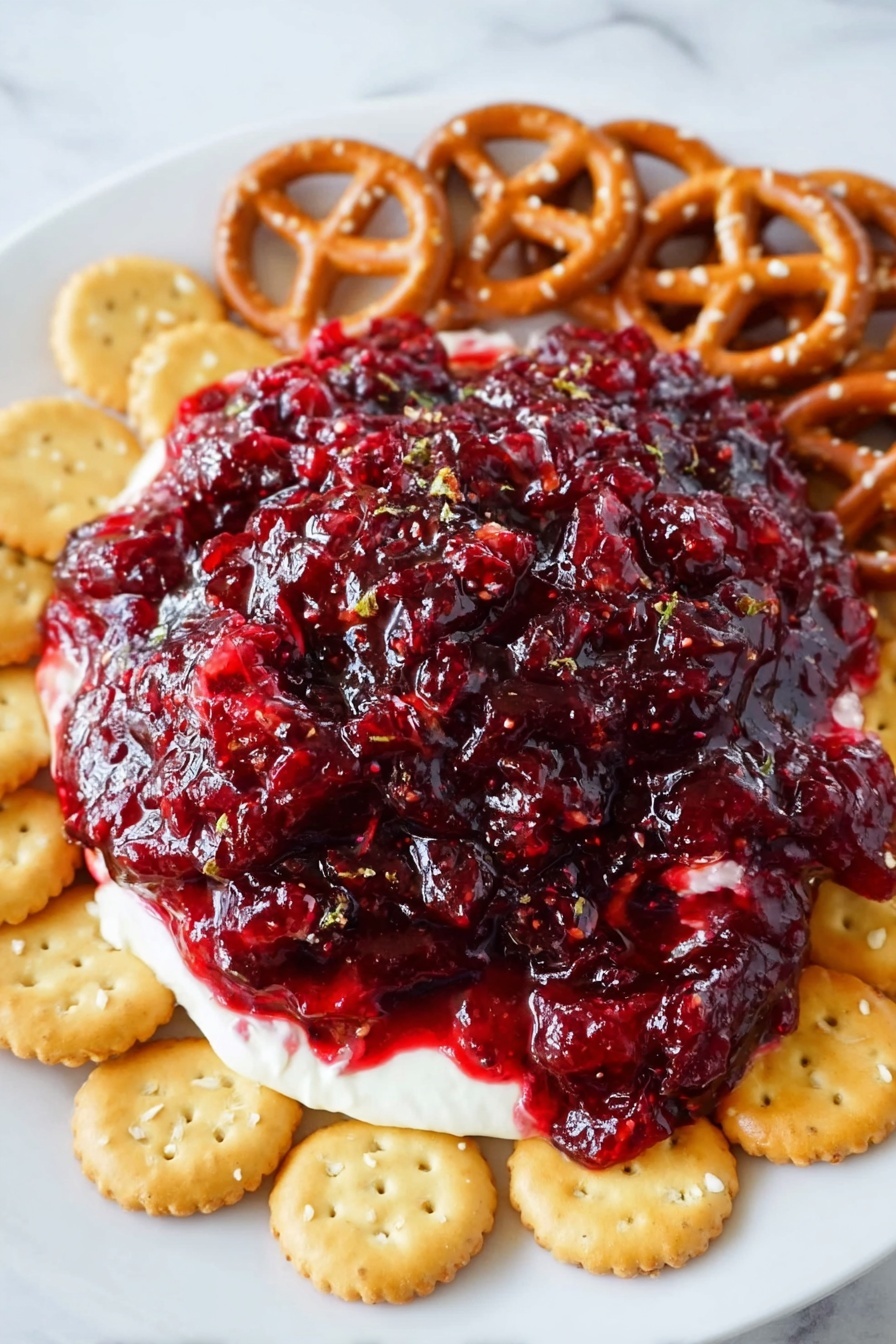 Cranberry Cream Cheese Dip, holiday appetizer ideas, easy holiday dips, cranberry cheese dip recipe, festive party dips - The image shows a white plate with a thick, chunky deep red cranberry sauce piled on top of a layer of creamy white cheese or cream underneath, visible only at the edges. The cranberry sauce has a shiny texture with bits of cranberries and small chunks mixed in, creating a rich, uneven surface. The plate is surrounded by two different kinds of crackers arranged closely along the edge; on the top and right sides are light brown pretzel crackers with a twisted shape, and on the bottom and left sides are round, golden crackers with salted tops. All of this is placed on a surface with a white marbled texture. photo taken with an iphone --ar 2:3 --v 7