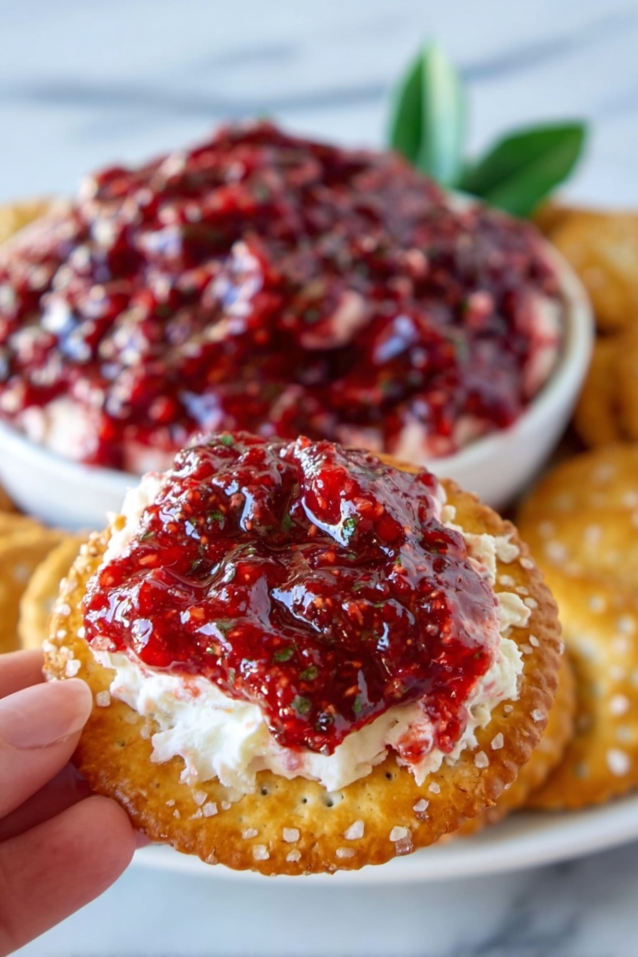 Cranberry Cream Cheese Dip, holiday appetizer ideas, easy holiday dips, cranberry cheese dip recipe, festive party dips - A close-up of a woman's hand holding a round, golden-brown cracker sprinkled with salt. The cracker is topped with two layers: a creamy white layer underneath and a sticky red fruit layer on top, with visible small chunks and seeds giving it a textured look. In the background, a white bowl filled with the same layered spread sits on a white marbled surface, slightly blurred, with a green leaf garnish adding a touch of color. Photo taken with an iphone --ar 2:3 --v 7