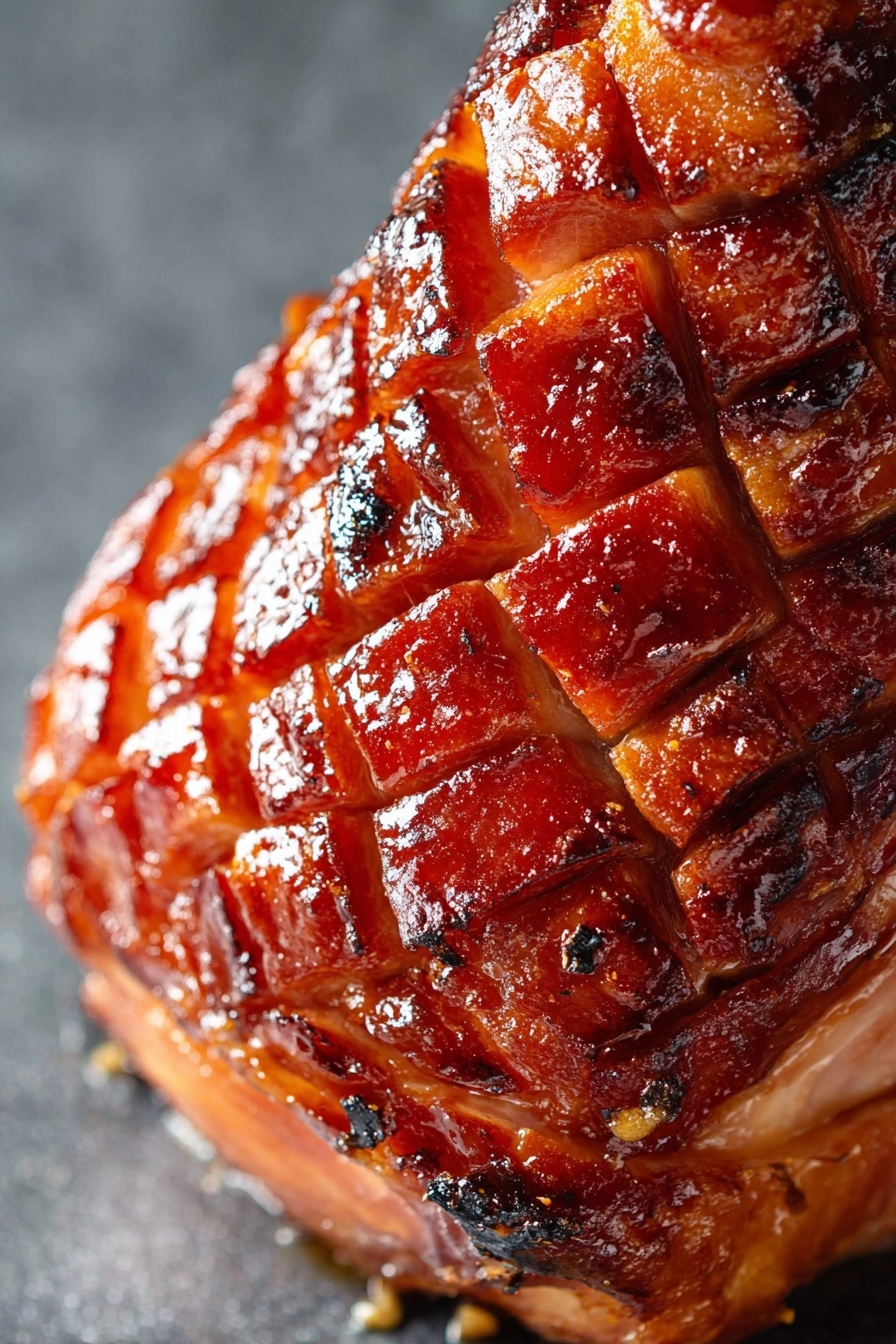 Brown Sugar Mustard Glazed Ham, glazed ham recipe, holiday ham ideas, sweet and tangy ham, easy ham glaze - The image shows a close-up of a cooked ham with a shiny, caramelized surface. The ham is scored in a diamond pattern, with the cuts revealing juicy layers beneath the crispy outer skin. The glaze on the ham gives it a glossy, reddish-brown color that shines under the light, highlighting the texture and slight charring at the edges. The background is a soft, blurred gray, which makes the ham stand out clearly. Photo taken with an iphone --ar 2:3 --v 7