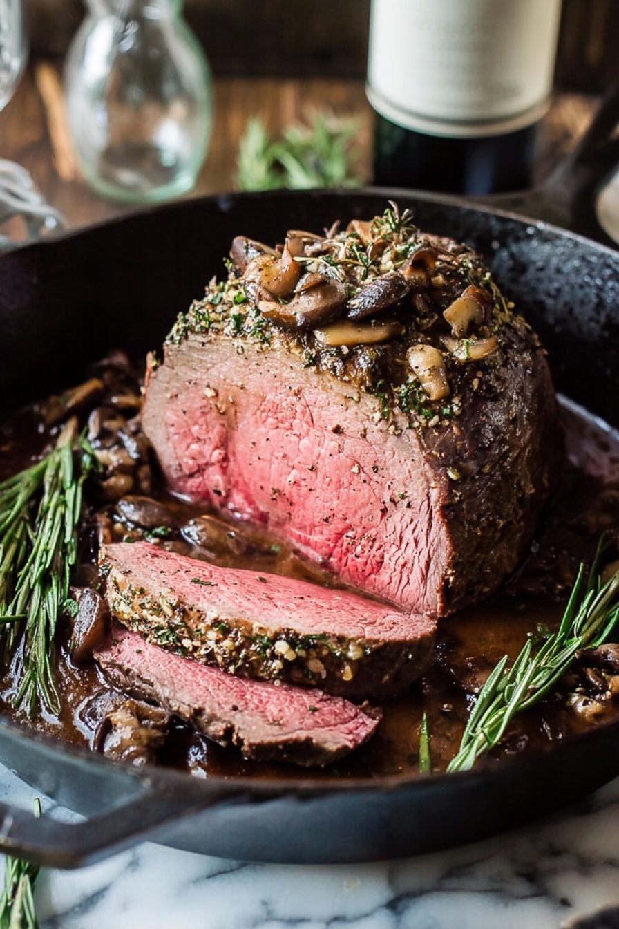 Rosemary Garlic Roast Beef, roast beef with rosemary and garlic, flavorful roast beef, easy beef roast recipe, juicy roast beef - A thick, round piece of cooked beef sits in the center of a black cast iron pan on a white marbled surface, with the top showing a browned crust covered in herbs and small mushroom pieces. Three slices cut from the beef reveal a pink center with a juicy texture, layered with bits of herbs and mushrooms on top, resting in a dark brown mushroom sauce that fills the pan base. There are sprigs of fresh green rosemary inside the pan near the meat, and in the background, there is a blurry bottle and a clear glass jar. The photo captures a warm, close-up view. Photo taken with an iphone --ar 2:3 --v 7