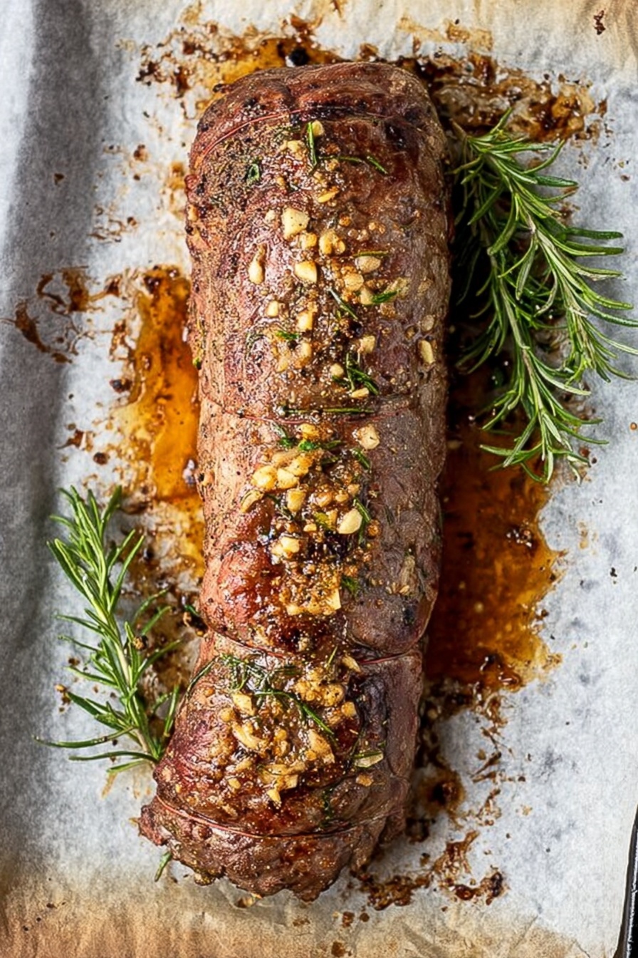 Beef Tenderloin Roast, beef tenderloin recipe, juicy beef roast, easy beef tenderloin, elegant dinner ideas - A long, brown roast with a slightly crispy surface covered in small bits of golden toasted garlic and herbs sits on a sheet of baking paper that is browned and stained with cooking juices. The roast has a rough texture with some darker seared spots all over, and it is tied with string around it to keep its shape. Next to the roast, on the white marbled surface beneath the baking paper, are two fresh sprigs of green rosemary adding a pop of color. Photo taken with an iphone --ar 2:3 --v 7