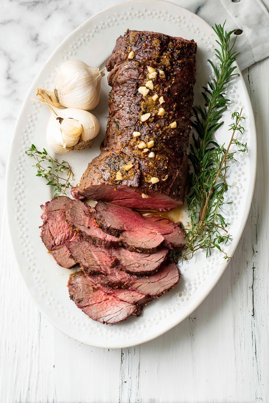 Beef Tenderloin Roast, beef tenderloin recipe, juicy beef roast, easy beef tenderloin, elegant dinner ideas - The image shows a white oval plate on a white marbled surface holding a cooked beef roast. The roast has a dark brown, seasoned top layer with visible bits of garlic and herbs. Part of the roast is sliced into several medium-thin pieces, revealing a pink, juicy inside with a slight sear on the edges. Two whole heads of garlic and small sprigs of fresh rosemary lie beside the meat on the plate. The plate has a textured rim with a handle on the bottom side. photo taken with an iphone --ar 2:3 --v 7