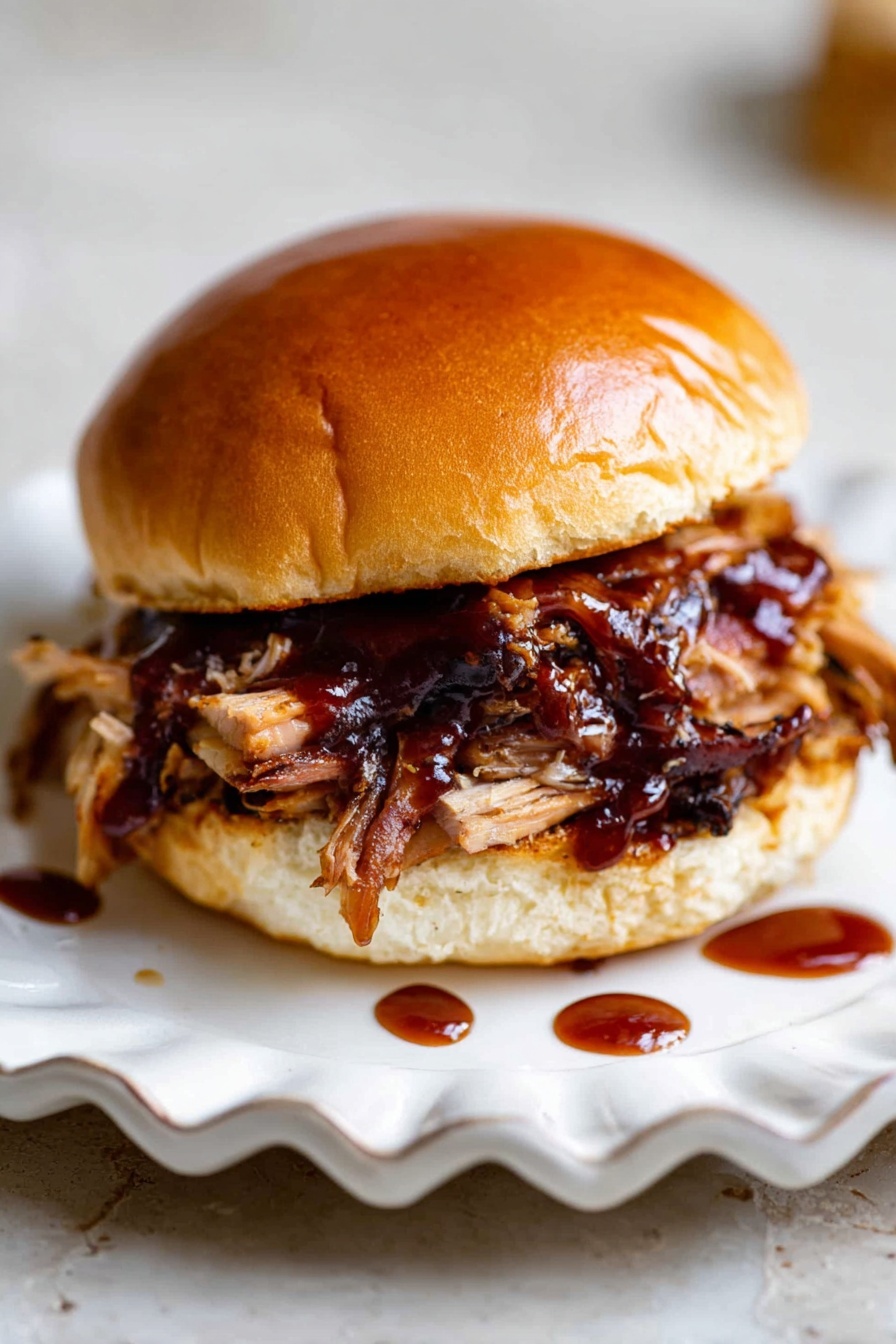 Slow Cooker Pulled Pork, easy pulled pork recipe, tender pork shoulder, smoky pulled pork, homemade pulled pork - A sandwich with three main layers: the top is a shiny, golden brown bun with a soft texture; the middle layer is pulled meat with charred edges covered in a glossy, dark reddish-brown sauce, adding shine and moisture; the bottom layer is the other half of the bun, also golden brown and soft. The sandwich sits on a white scalloped plate, which rests on a white marbled surface. There are small drops of the dark sauce visible around the plate, adding interest to the scene. photo taken with an iphone --ar 2:3 --v 7