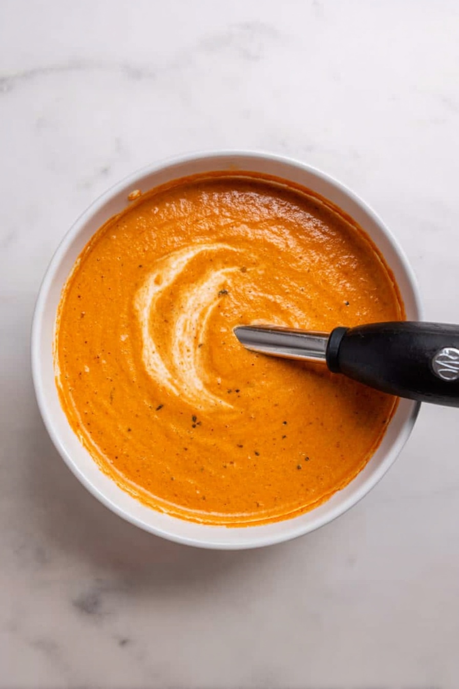 Creamy Roasted Vegetable Soup, roasted vegetable soup, easy healthy soup, veggie soup recipe, comforting vegetable soup - A bowl filled with thick, smooth orange sauce sits on a white marbled surface. The sauce shows some specks, likely herbs or spices, and has a swirl of lighter cream creating a small curved pattern on top. A black immersion blender is dipped into the bowl, partially blending the swirl into the sauce. The bowl itself is white, round, and simple, with the sauce evenly filling most of it. photo taken with an iphone --ar 2:3 --v 7