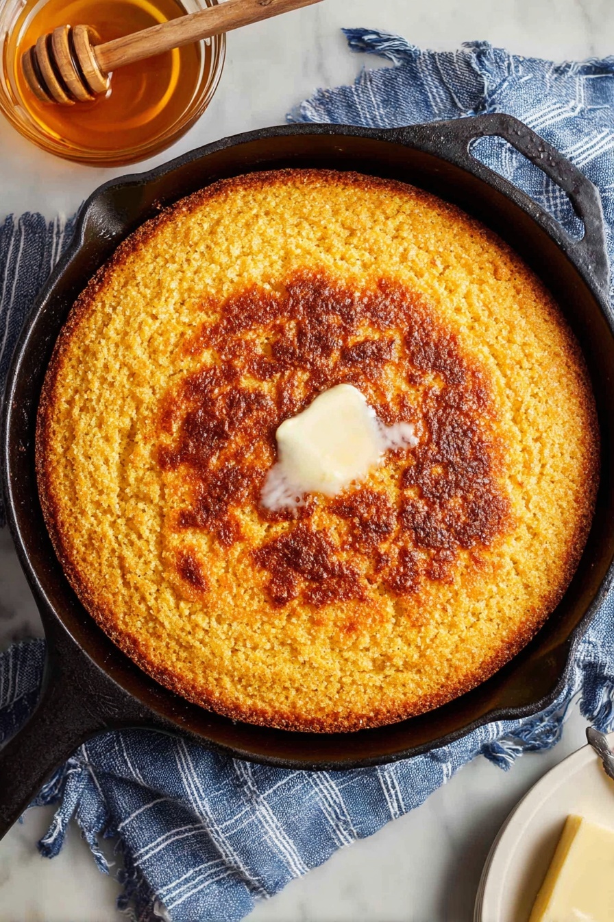 Creamy Moist Cornbread, moist cornbread recipe, easy cornbread, fluffy cornbread, homemade cornbread - A golden brown, crispy cornbread sits in a black skillet, topped with a small melting pat of white butter in the center. The cornbread's surface is textured with a mix of crispy edges and softer middle areas, showing a warm yellow and brown color mix. Around the skillet is a blue and white striped cloth on a white marbled surface. To the top left, there is a glass bowl filled with golden honey and a wooden honey dipper resting across it. At the bottom edge, there is a knife with butter next to a white plate. Photo taken with an iphone --ar 2:3 --v 7