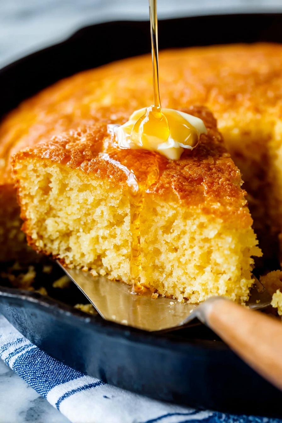 Creamy Moist Cornbread, moist cornbread recipe, easy cornbread, fluffy cornbread, homemade cornbread - A golden brown cornbread is shown in a black cast iron skillet with a slice removed. The top layer is crispy and crumbly with a shiny spot where a small piece of butter is melting. The inside is light yellow and moist with a soft texture. A metal spatula with a wooden handle is partly under the removed slice, resting inside the skillet. The skillet is on a blue and white striped cloth over a white marbled surface. Photo taken with an iphone --ar 2:3 --v 7
