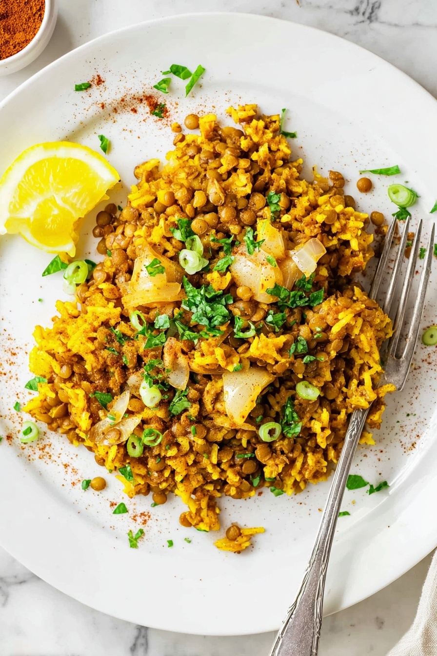 Mujadara Lentils and Rice, Middle Eastern lentil dish, easy lentil and rice recipe, comforting vegetarian meal, caramelized onion dish - The image shows a white plate filled with a mix of yellow rice and brown lentils, topped with small pieces of cooked onion that have a soft, slightly translucent texture. On top, there are chopped green herbs and thin slices of green onion scattered around, adding a fresh touch. On one side of the plate, there is a small lemon wedge placed close to the rice and lentils. The plate rests on a white marbled surface, and a silver fork is placed to the right of the plate. Some drops of oil and a light sprinkling of spice powder are visible on the plate near the food. photo taken with an iphone --ar 2:3 --v 7