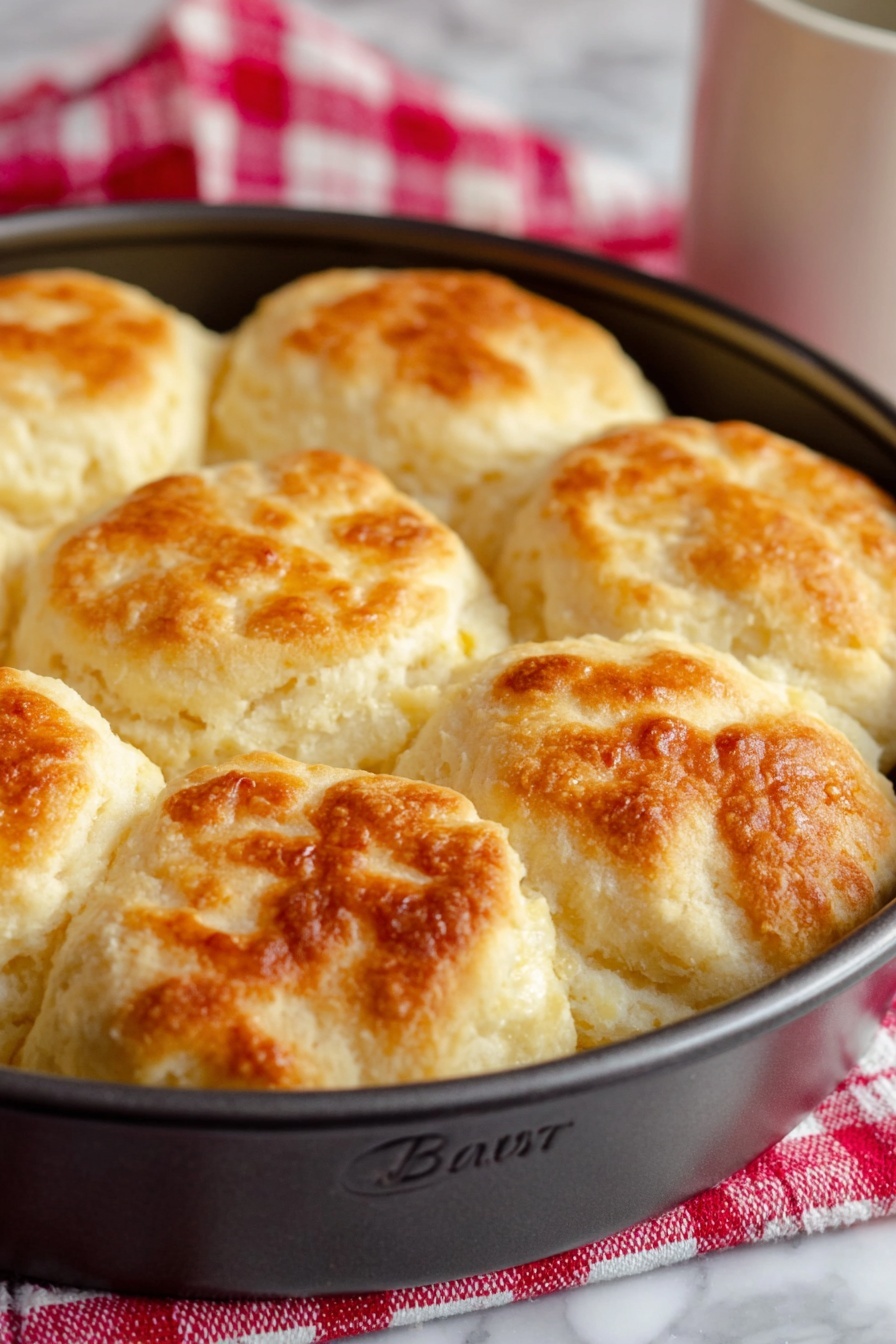 Homemade Angel Biscuits, flaky breakfast biscuits, buttery homemade biscuits, easy angel biscuit recipe, soft Southern biscuits - The image shows a close-up of seven golden-brown biscuits arranged tightly together in a dark round baking pan. Each biscuit is thick and soft with a slightly crisp and shiny browned top layer, showing uneven golden patches with a fluffy light texture underneath. The biscuits fill the pan fully, with the edges touching the sides. The pan sits on a white marbled surface with a red and white checkered cloth nearby and a blurred white mug in the background. photo taken with an iphone --ar 2:3 --v 7
