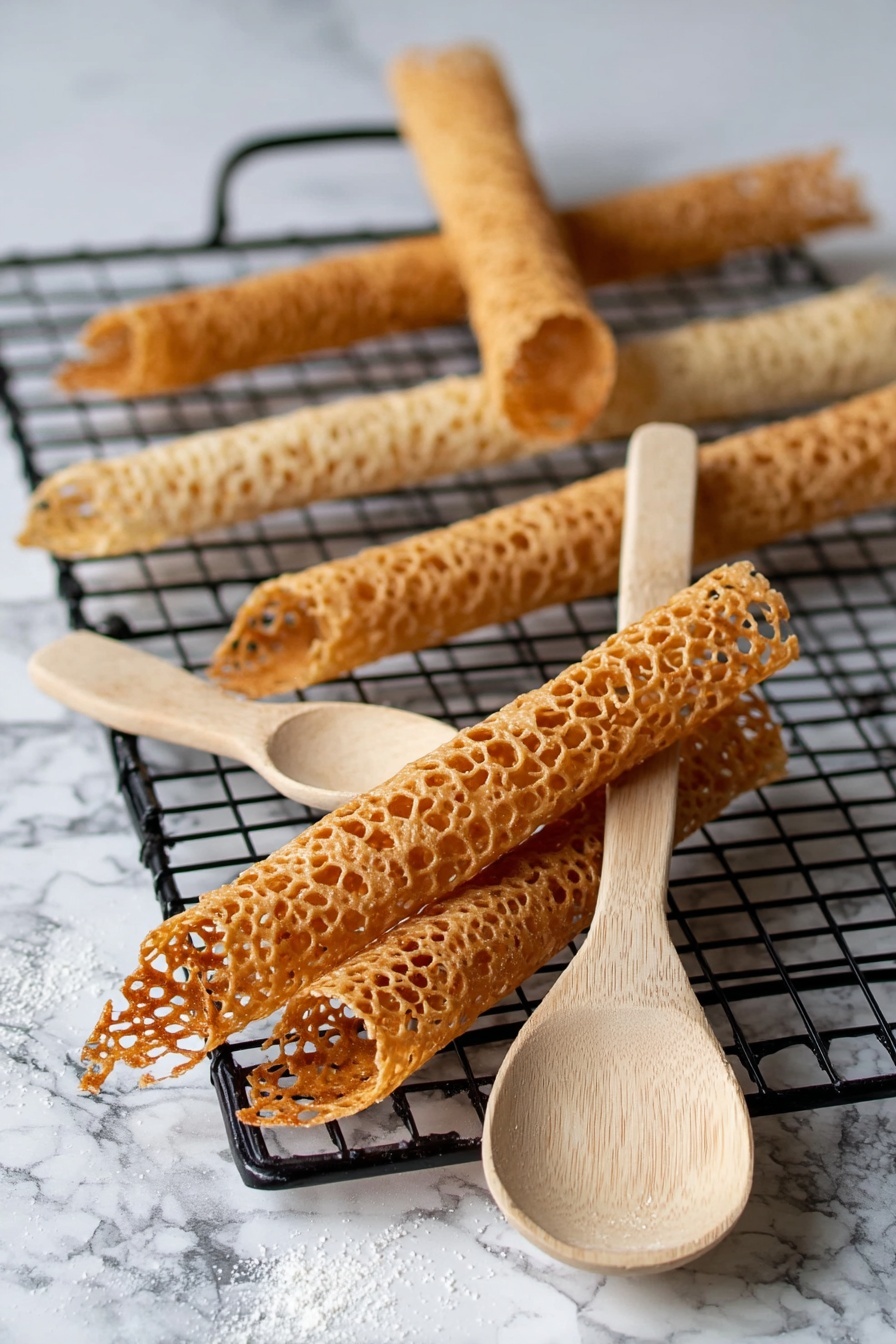 Brandy Snap Cookies, crispy caramel cookies, homemade brandy snaps, holiday cookie recipes, delicate cookie treats - The image shows thin, golden brown lace cookies with a holey texture placed on a black cooling rack, lying on a white marbled surface. There are several rolled cookies scattered around, with two partially wrapped around the handles of light wooden spoons positioned diagonally in the front center of the image. The lace patterns are delicate and lacy, and the cookies appear crispy and slightly shiny. The wooden spoons have a natural grain and smooth texture. Photo taken with an iphone --ar 2:3 --v 7