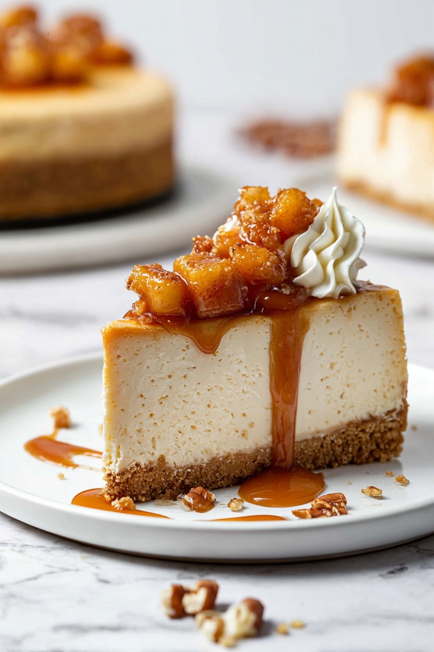 Caramel Apple Cheesecake, fall dessert recipes, apple cheesecake with caramel, easy caramel apple dessert, creamy cheesecake with spiced apples - A slice of cheesecake with three layers is shown on a white plate. The bottom layer is a crumbly, light brown crust. The middle layer is thick, creamy, and pale beige with tiny specks. The top layer has a mix of caramelized, golden-brown small fruit pieces covered in shiny brown syrup that drips down the side. On one side of the slice, there is a small swirl of white whipped cream. Small nut pieces are scattered around the plate on a white marbled surface. In the background, there is a blurred view of more cheesecake slices on a white plate. Photo taken with an iphone --ar 2:3 --v 7