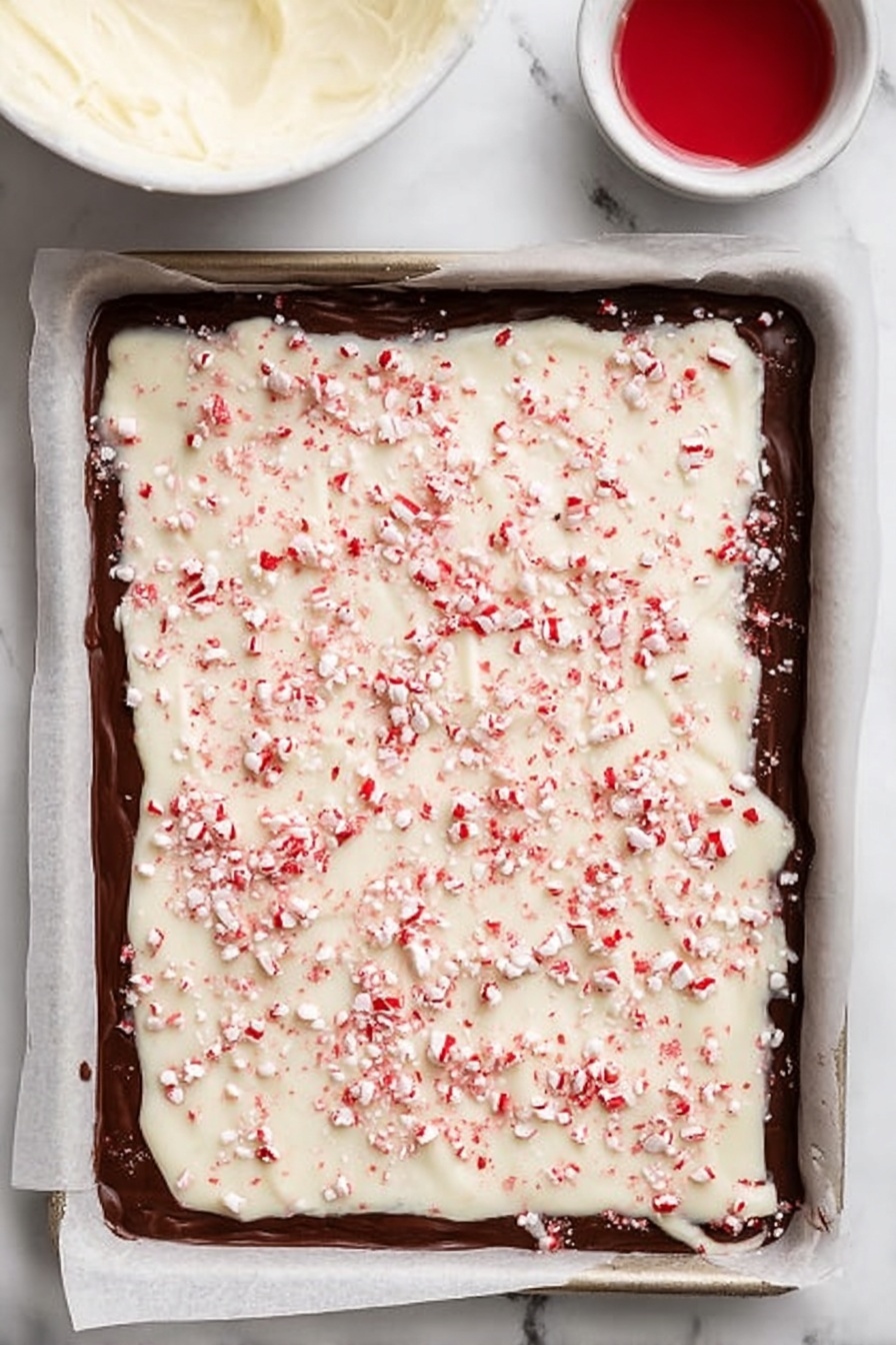 Best Peppermint Bark, peppermint bark dessert, holiday peppermint bark, easy peppermint bark recipe, festive peppermint bark - A rectangular baking tray lined with parchment paper holds a layered peppermint bark. The bottom layer is dark chocolate, smooth and shiny with slightly uneven edges extending close to the parchment's border. On top, there is a thick layer of white chocolate, creamy and textured, spread evenly but with natural ripples. The white chocolate layer is sprinkled generously with small, crushed red peppermint pieces scattered across the entire surface, adding a festive red and white contrast. In the top left corner of the image, a small white bowl with a creamy white mixture is partially visible, and a small white bowl with red liquid is nearby on a surface that looks like white marble. Photo taken with an iphone --ar 2:3 --v 7