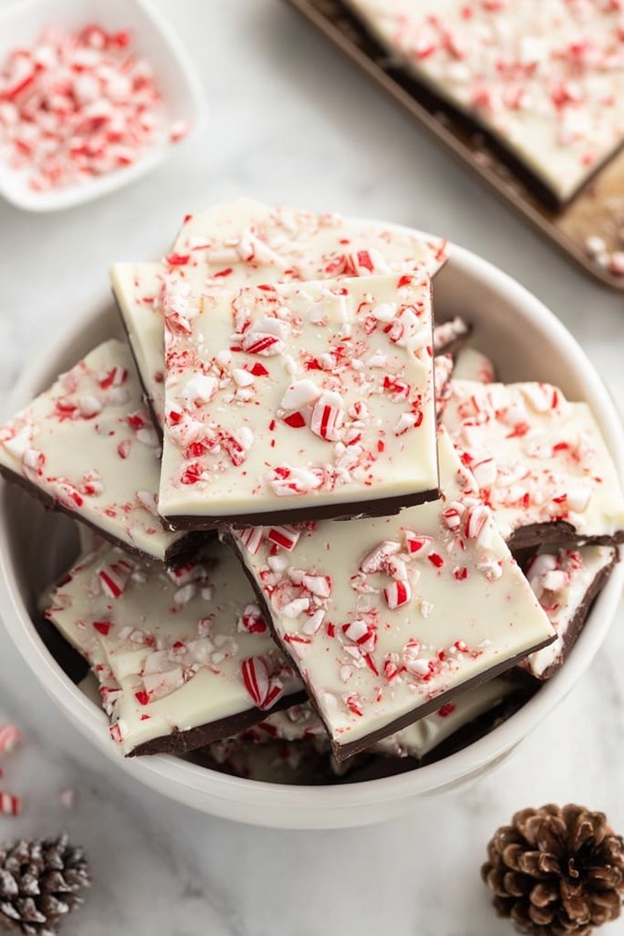 Best Peppermint Bark, peppermint bark dessert, holiday peppermint bark, easy peppermint bark recipe, festive peppermint bark - The image shows a white bowl filled with stacked peppermint bark pieces. Each piece has two visible layers: a bottom dark chocolate layer and a thick top white chocolate layer sprinkled with crushed red and white peppermint candy bits. The bowl is set on a white marbled surface. Around the bowl, there is a small white dish with more crushed peppermint candies and a few small pine cones for decoration. A corner of a tray with more peppermint bark is partly visible in the upper right. The overall look is clean and festive with a focus on the contrasting dark and white chocolate layers topped with bright candy pieces. photo taken with an iphone --ar 2:3 --v 7