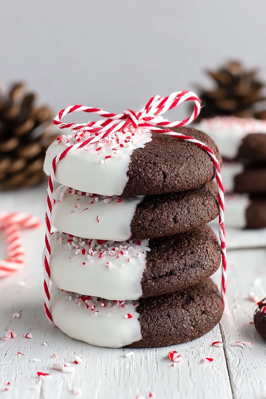 Chocolate Peppermint Candy Cane Cookies, festive holiday cookies, peppermint chocolate cookies, holiday cookie recipes, candy cane dessert ideas - A stack of five dark brown round cookies is shown, each half dipped in white icing with small red and white sprinkles on the icing. The cookies are tied together with a thin red and white striped string, forming a bow on top. The texture of the cookies looks soft but firm, and the white icing has a smooth finish with crisp sprinkle bits. They rest on a white wood surface with some scattered sprinkles and pinecones in the blurred background. Photo taken with an iphone --ar 2:3 --v 7