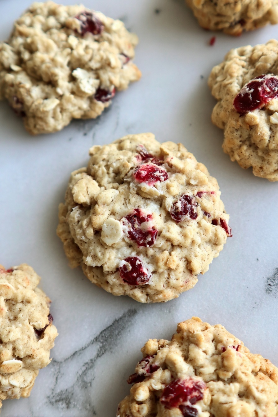 Cranberry Oatmeal Cookies, cranberry oatmeal cookie recipe, chewy cranberry cookies, festive oatmeal cookies, easy cranberry cookies - The image shows several round oatmeal cookies with visible red cranberry pieces scattered inside. The cookies have a rough and chunky texture with a golden-brown color. They rest directly on a white marbled textured surface with some gray and red marks. The cookies have an uneven, homemade look with a soft, crumbly appearance and slight cracks on the surface. Photo taken with an iphone --ar 2:3 --v 7