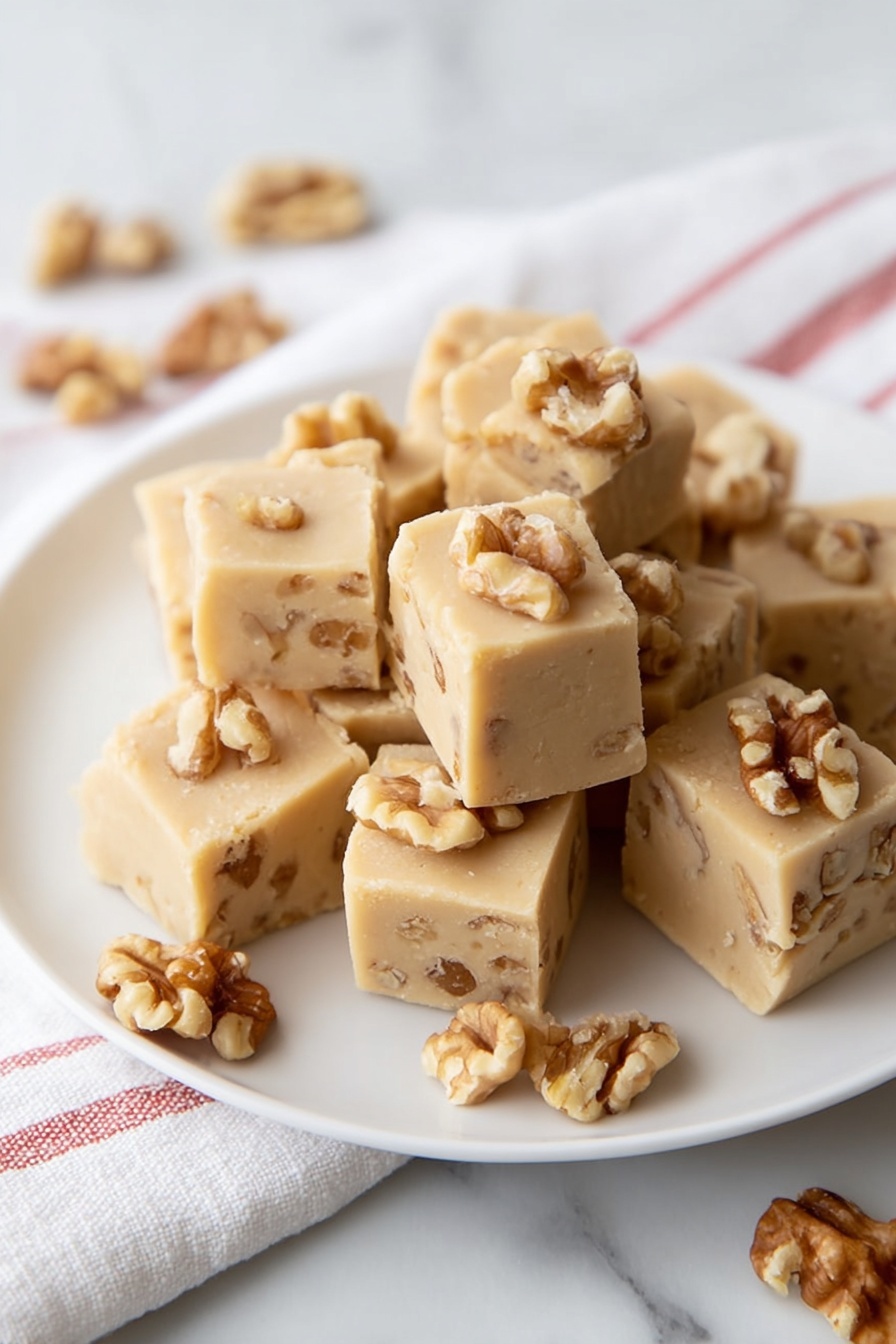 Maple Walnut Fudge, maple walnut fudge recipe, how to make maple walnut fudge, easy maple walnut fudge, homemade maple walnut fudge - A white plate holds around ten square pieces of light beige fudge with a smooth but slightly crumbly texture, each piece studded with small chunks of brown walnuts inside and a few walnut pieces on top. Some walnut pieces are scattered around the plate. The plate rests on a white marbled surface with a white cloth that has thin red stripes beside it. The photo taken with an iphone --ar 2:3 --v 7