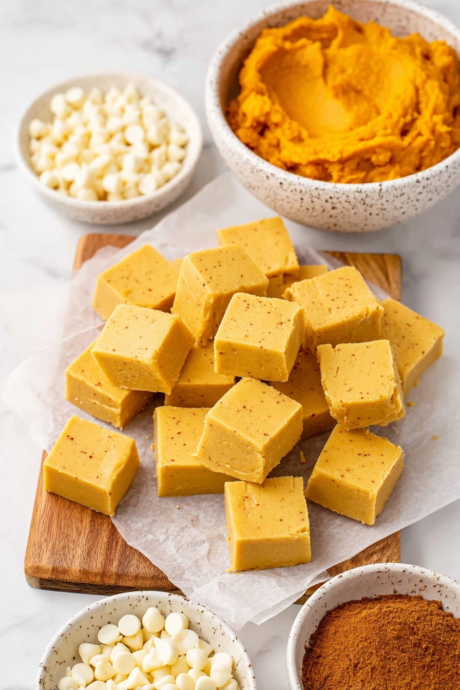 Pumpkin White Chocolate Fudge, pumpkin fudge recipe, white chocolate pumpkin dessert, fall fudge recipes, pumpkin holiday treats - The image shows many small square pieces of yellow fudge placed on white parchment paper over a wooden board. The fudge pieces are smooth and have a soft texture with slight spice specks visible. Above the fudge, there is a white speckled bowl filled with bright orange pumpkin puree, smooth and thick. In the bottom left corner, there is a white speckled bowl full of white chocolate chips, and at the bottom right, another bowl has a brown powdered spice, likely cinnamon. The whole scene is set on a white marbled surface. photo taken with an iphone --ar 2:3 --v 7