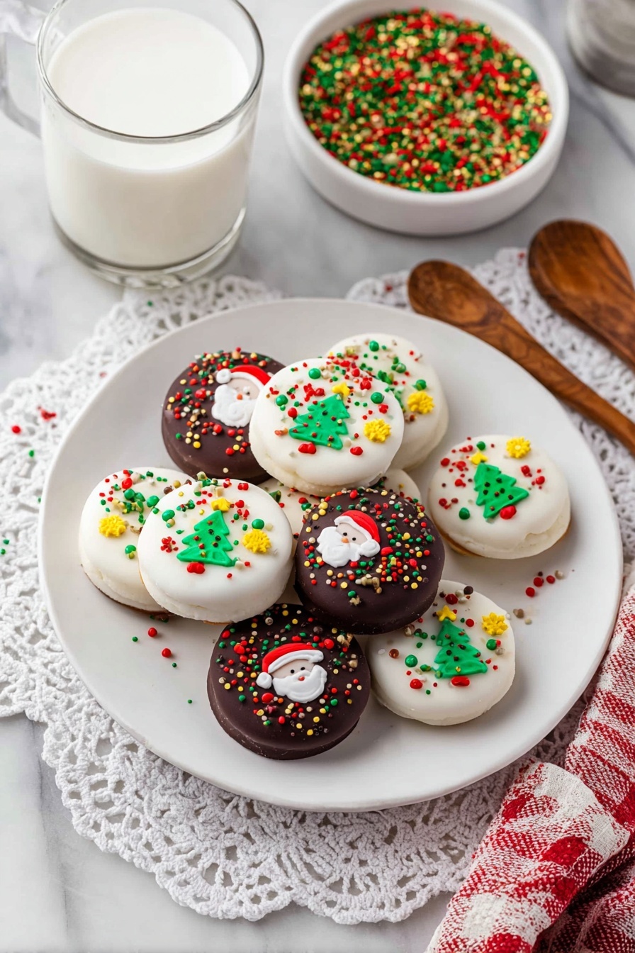 Homemade Peanut Butter Cups, easy peanut butter cups recipe, chocolate peanut butter treat, homemade candy recipes, no-bake peanut butter candies - A white plate holds about ten small round cookies or candies, layered in a slightly messy pile. The treats come in two types: one with smooth white tops and the other with smooth dark brown tops. Each is decorated with colorful sprinkles in red, green, yellow, and a few red pearls, plus small flat decorations shaped like Christmas trees and Santa faces. The white ones have green, yellow, and red sprinkles with small Christmas shapes. The dark brown ones have similar sprinkles and Christmas tree or Santa decorations. Behind the plate is a clear glass of white milk and a small white bowl filled with the same green, red, and yellow sprinkles. The plate sits on a white marbled surface covered partially by a white lace cloth, and there are wooden measuring spoons to the right side of the plate. photo taken with an iphone --ar 2:3 --v 7