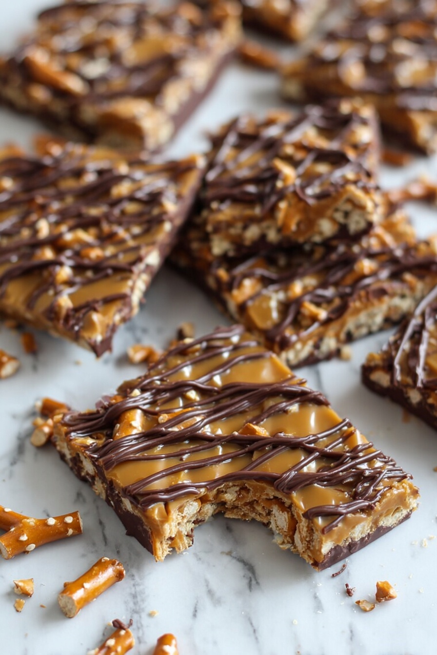 Salted Caramel Pretzel Bark, easy caramel pretzel bark, sweet and salty bark recipe, homemade pretzel treats, quick holiday snacks - The image shows several square pieces of a dessert bar arranged closely on a white marbled surface. Each piece has a bottom layer of dark chocolate, topped by a crunchy layer of pretzel sticks covered with golden caramel that looks shiny and smooth. The dessert bars are drizzled with thin lines of dark chocolate in a crisscross pattern on top. One piece near the front has a bite taken out, revealing the thick layers inside. Small bits of broken pretzels and chocolate are scattered around the bars. The texture looks crunchy and glossy, with a mix of brown and caramel colors and dark chocolate lines. Photo taken with an iphone --ar 2:3 --v 7