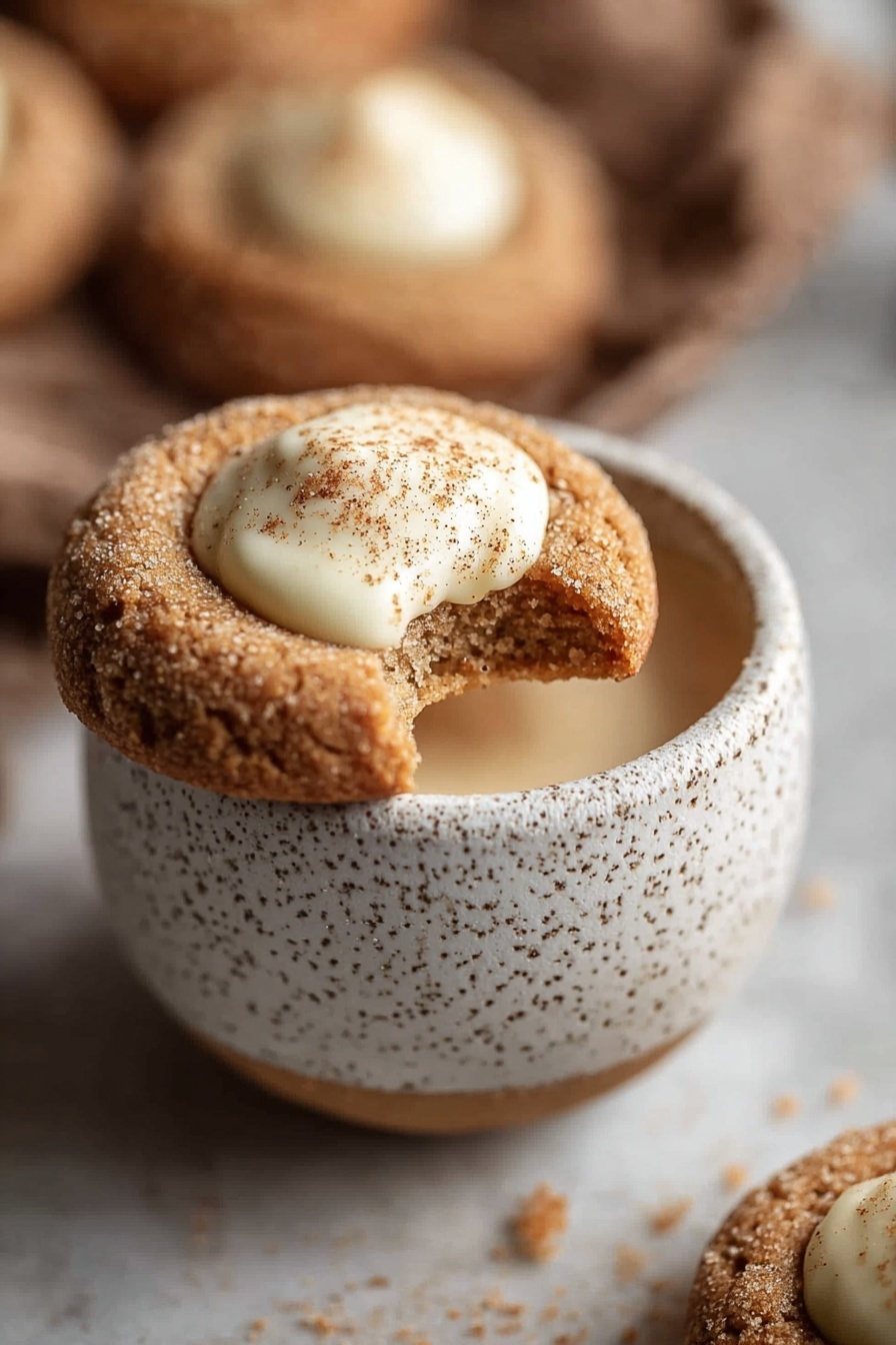Eggnog Snickerdoodle Thumbprint Cookies, holiday cookie recipes, festive thumbprint cookies, eggnog desserts, Christmas cookie ideas - A close-up of a small round light brown cookie resting on the edge of a white speckled cup filled with a frothy light brown drink. The cookie has a rough, crumbly texture and a bite taken out of it. On top of the cookie, there is a dollop of smooth white cream sprinkled lightly with brown powder. In the blurred background, there are more cookies scattered on a white marbled surface. The overall scene has a warm, cozy feel. photo taken with an iphone --ar 2:3 --v 7