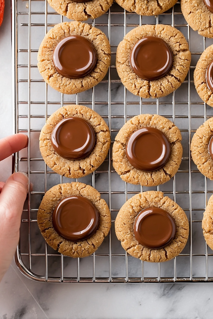 Reese's Peanut Butter Cookie Cups, peanut butter chocolate cookies, homemade Reese's cookie cups, easy peanut butter cookie recipe, chocolate peanut butter treats - The image shows a group of round cookies arranged on a cooling rack. Each cookie has a light brown, cracked base with a smooth, glossy circle of milk chocolate on top in the center. The cookies have a textured and slightly crumbly look around the edges, contrasting with the shiny chocolate layer. The cooling rack is placed on a flat surface that has a white marbled texture. A woman's hand is partly visible on the left side of the image, about to hold one cookie. photo taken with an iphone --ar 2:3 --v 7