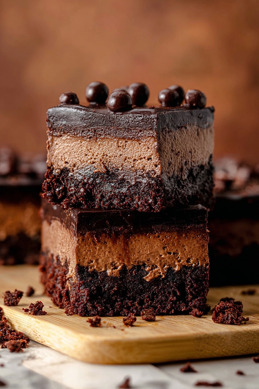Chocolate Cheesecake Bars with Oreo Crust, Oreo Oreo Cheesecake Bars, easy chocolate cheesecake bars, creamy chocolate dessert bars, no-bake Oreo cheesecake bars - The image shows a thick chocolate dessert with three layers stacked on a white marbled surface. The bottom layer is dark and crumbly, textured like a firm cookie crust. The middle layer is lighter brown, soft, and mousse-like in texture and thickness. The top layer is a smooth, rich, dark chocolate ganache, glossy and shiny, decorated with small round chocolate balls scattered across the surface. One piece is lifted, showing the clean cut between layers, with the ganache dripping slightly on the edges. Photo taken with an iphone --ar 2:3 --v 7