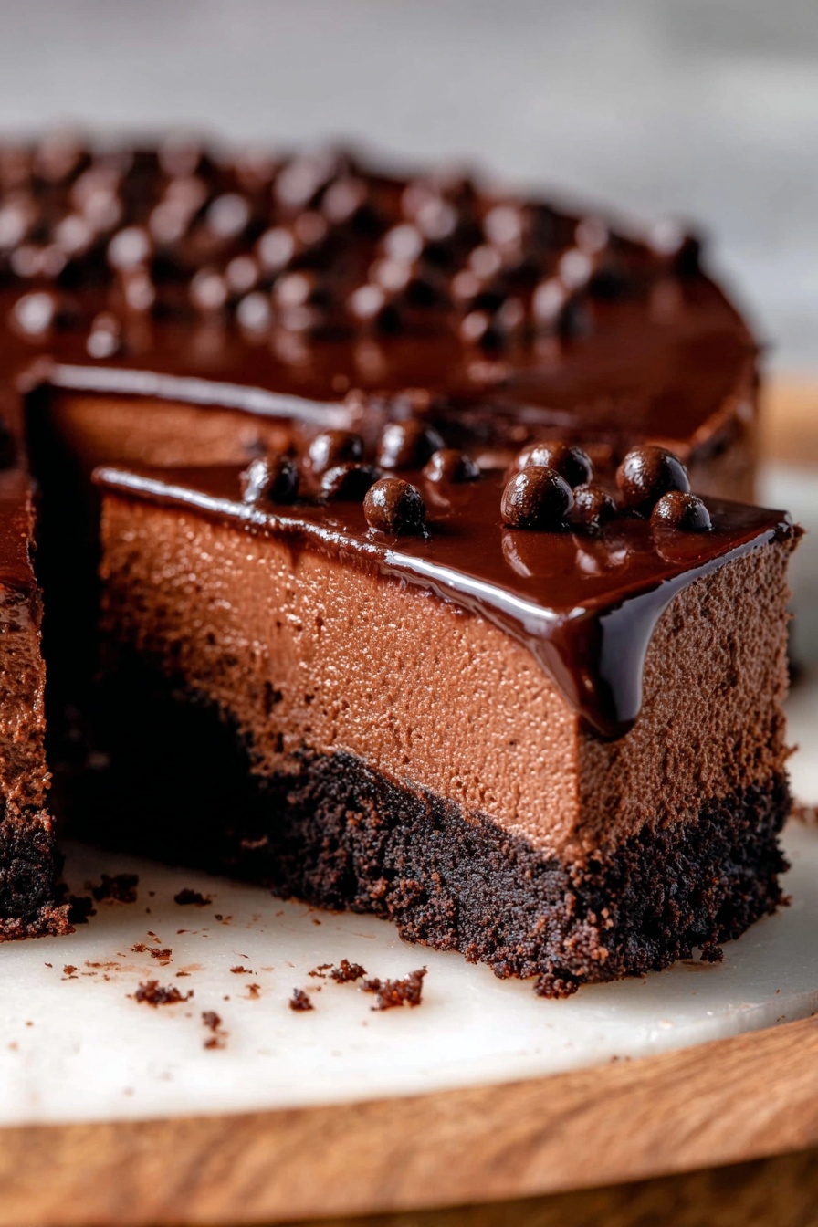 Chocolate Cheesecake Bars with Oreo Crust, Oreo Oreo Cheesecake Bars, easy chocolate cheesecake bars, creamy chocolate dessert bars, no-bake Oreo cheesecake bars - A stack of two thick square chocolate cheesecake brownies, each with three visible layers: a dark chocolate crumb base at the bottom, a dense milk chocolate cheesecake layer in the middle, and a shiny, smooth dark chocolate ganache topped with small round chocolate balls on top. The brownies sit on a light wooden board with some crumbs scattered around, and the background is softly blurred in warm brown tones over a white marbled surface. The photo taken with an iphone --ar 2:3 --v 7