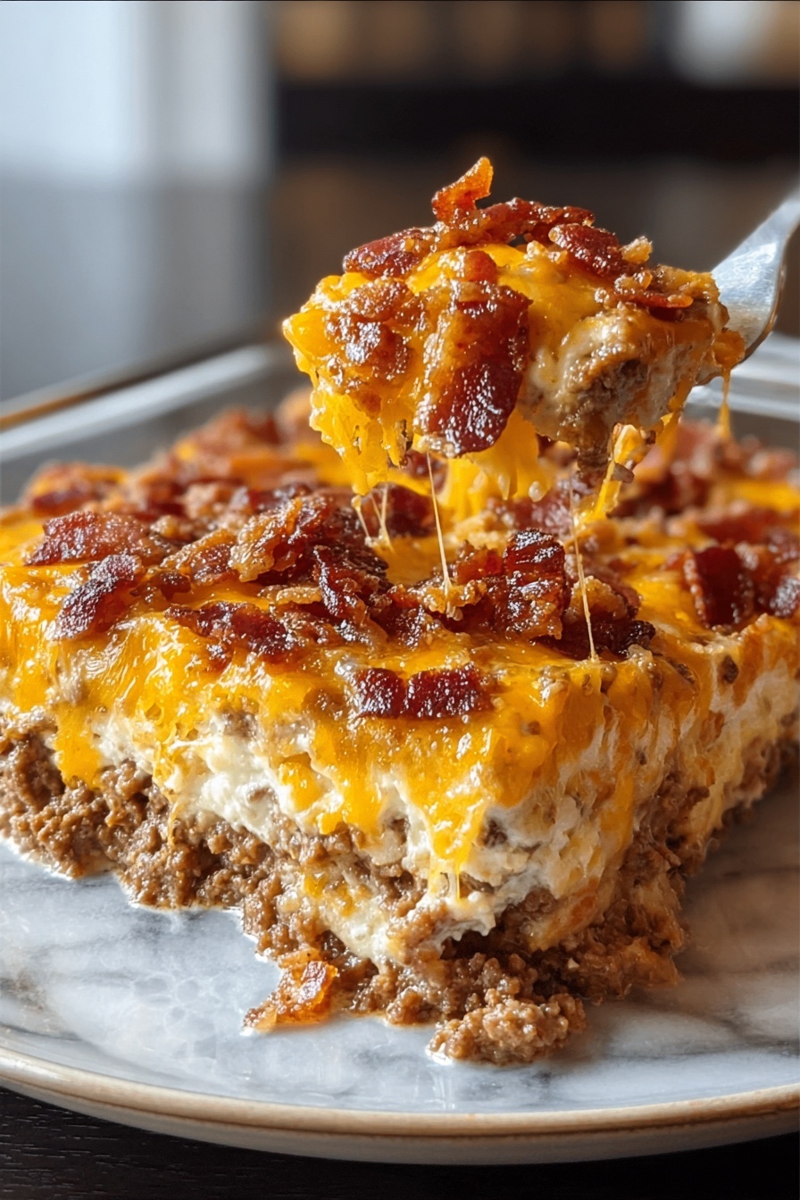 Sausage Breakfast Casserole, breakfast casserole with sausage, cheesy breakfast bake, easy breakfast casserole, hearty morning casserole - A close-up view of a thick slice of layered casserole on a white plate, resting on a white marbled surface. The dish has three main layers: the bottom and middle layers are creamy and light yellow with a soft, cheesy texture, separated by a dense layer of browned cooked ground meat with a crumbly texture and rich brown color. The top layer is a bright melted orange-yellow cheese, generously topped with small, crispy pieces of bacon in dark reddish-brown hues, adding a crunchy texture contrast. The layers are distinct but slightly blended at the edges, making the dish look hearty and rich. photo taken with an iphone --ar 2:3 --v 7