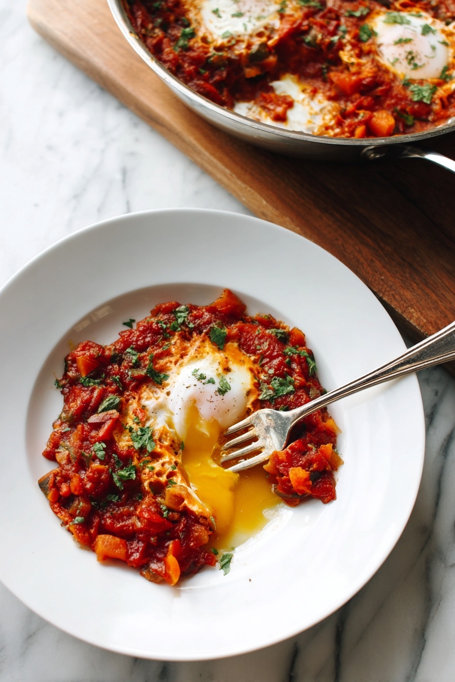 Easy Shakshuka, shakshuka with eggs, Middle Eastern egg dish, spicy tomato shakshuka, brunch egg recipes - A white pan filled with three visible cooked eggs with bright yellow yolks sitting on a thick layer of red tomato sauce mixed with chunks of cooked vegetables and spices. Fresh green herbs are sprinkled on top of the eggs and sauce, adding contrast. A large silver spoon is resting inside the pan, scooping some sauce near one egg. In the blurred background, there are stacks of white plates and a bunch of fresh green herbs on a white marbled surface. Photo taken with an iphone --ar 2:3 --v 7