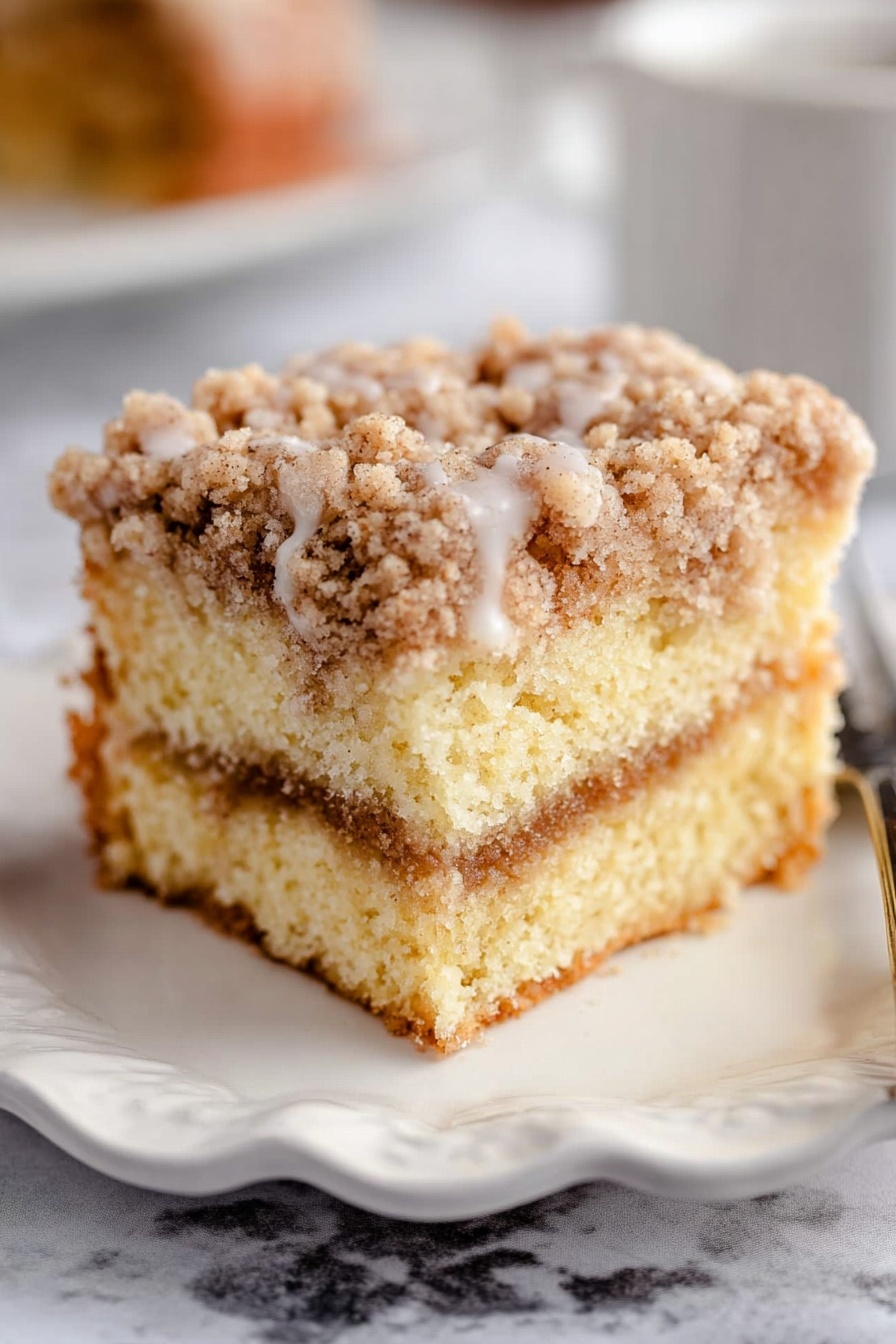 Sour Cream Coffee Cake with Streusel Topping, moist coffee cake recipe, easy streusel coffee cake, breakfast coffee cake with sour cream, tangy sour cream coffee cake - A single square piece of crumb cake sits on a white scalloped plate, placed on a white marbled surface. The cake has three layers: the bottom and top layers are light golden yellow and soft, the middle layer is a thin strip of brown filling, and the top layer is covered with a crumbly streusel topping that is golden brown. A light white glaze drizzles unevenly down the sides of the cake, adding a shiny texture. The background is softly blurred, keeping the focus on the cake. photo taken with an iphone --ar 2:3 --v 7