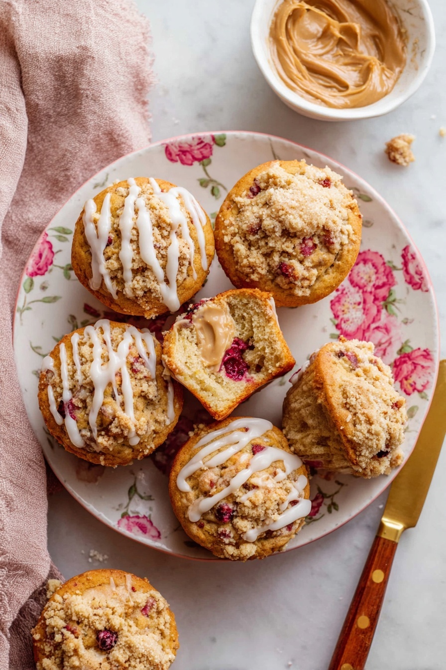 Cranberry Orange Muffins, Cranberry Orange Muffins Recipe, Easy Cranberry Muffins, Zesty Breakfast Muffins, Moist Cranberry Muffins - The image shows six golden-brown muffins on a white plate with pink floral patterns. Four muffins have crumbly streusel topping with white icing drizzled over, and two muffins have visible pieces of red berries inside. One muffin is broken open, revealing a soft, moist inside with berries and a dollop of light brown spread on top. Next to the plate is a small white bowl filled with the same light brown spread and a gold knife with a wooden handle resting on the white marbled surface nearby. The background features a white marbled texture with a folded light pink cloth in the corner. Photo taken with an iphone --ar 2:3 --v 7