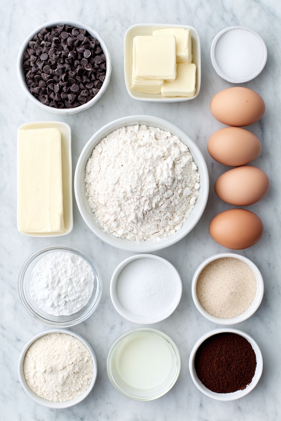 Chocolate Brownie Bread, chocolate dessert recipes, fudgy bread recipes, decadent bread ideas, easy chocolate bread - Flat lay of a small mound of semisweet chocolate chips, a chunk of unsalted butter, a small white ceramic bowl of all-purpose flour, a small white ceramic bowl of Dutch-process cocoa powder, a small pile of salt crystals, a small heap of baking powder, a small heap of baking soda, three large whole brown eggs with clean shells, a small white ceramic bowl of granulated sugar, a small white ceramic bowl of packed light brown sugar, a small white ceramic bowl of buttermilk, a small white ceramic bowl of vanilla extract, a small white ceramic bowl of hot water, and a small white ceramic bowl of fine espresso powder, all arranged in perfect symmetry on a clean white marble surface, soft natural light, photo taken with an iPhone, professional food photography style, fresh ingredients, white ceramic bowls, no bottles, no duplicates, no utensils, no packaging --ar 2:3 --v 7 --p m7354615311229779997