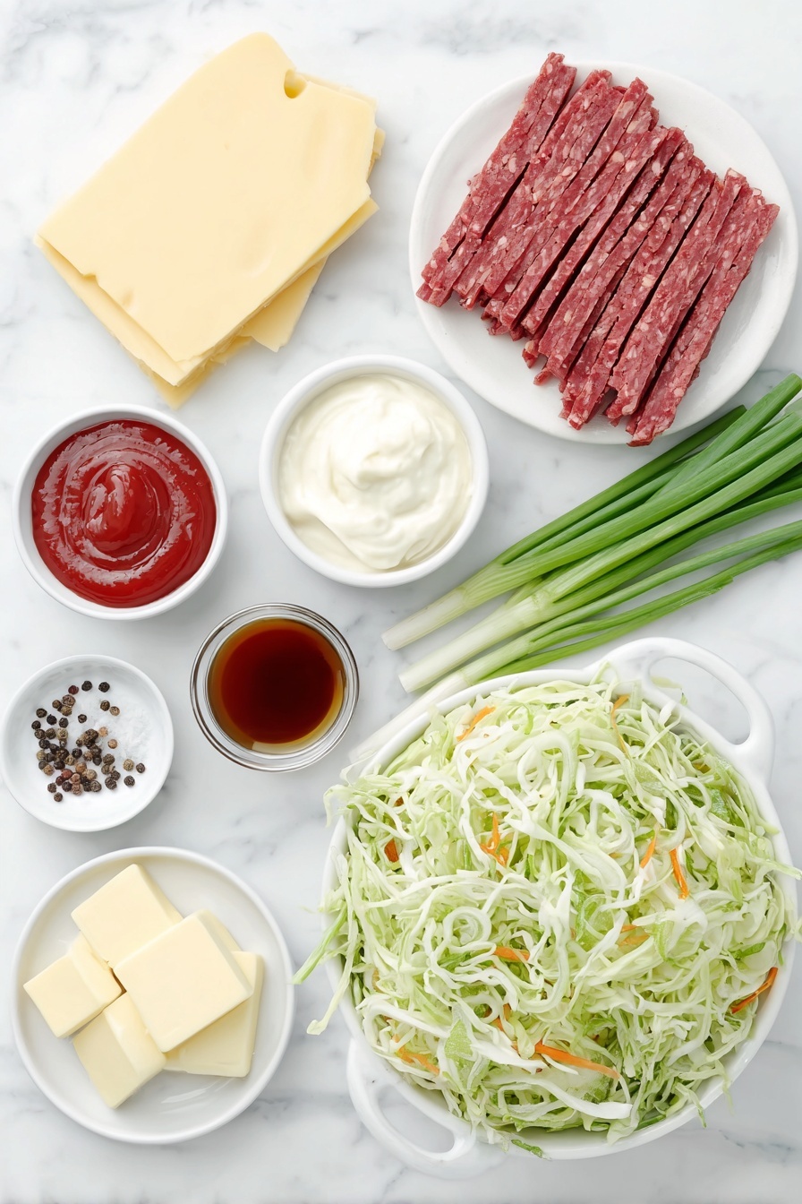 Keto Reuben Bowl with Corned Beef, low-carb Reuben bowl, keto sandwich alternative, easy keto meal, healthy Reuben-inspired dish - Flat lay of a crisp heap of fresh coleslaw mix with vibrant green and white cabbage shreds and orange carrot strands, neatly arranged slices of pinkish-red corned beef strips, a small white ceramic bowl filled with creamy white mayonnaise, another bowl holding smooth red sugar-free ketchup, a third bowl with bright white horseradish paste, a tiny bowl containing deep amber Worcestershire sauce, a small heap of fresh green scallions with crisp stalks and delicate white bulbs, a wedge of pale yellow Swiss cheese with characteristic holes, a few tablespoons of rich golden butter neatly cut into pats, a scattering of coarse salt crystals and cracked black peppercorns artfully placed, all placed on a clean white marble surface, soft natural light, photo taken with an iPhone, professional food photography style, fresh ingredients, white ceramic bowls, no bottles, no duplicates, no utensils, no packaging --ar 2:3 --v 7 --p m7354615311229779997