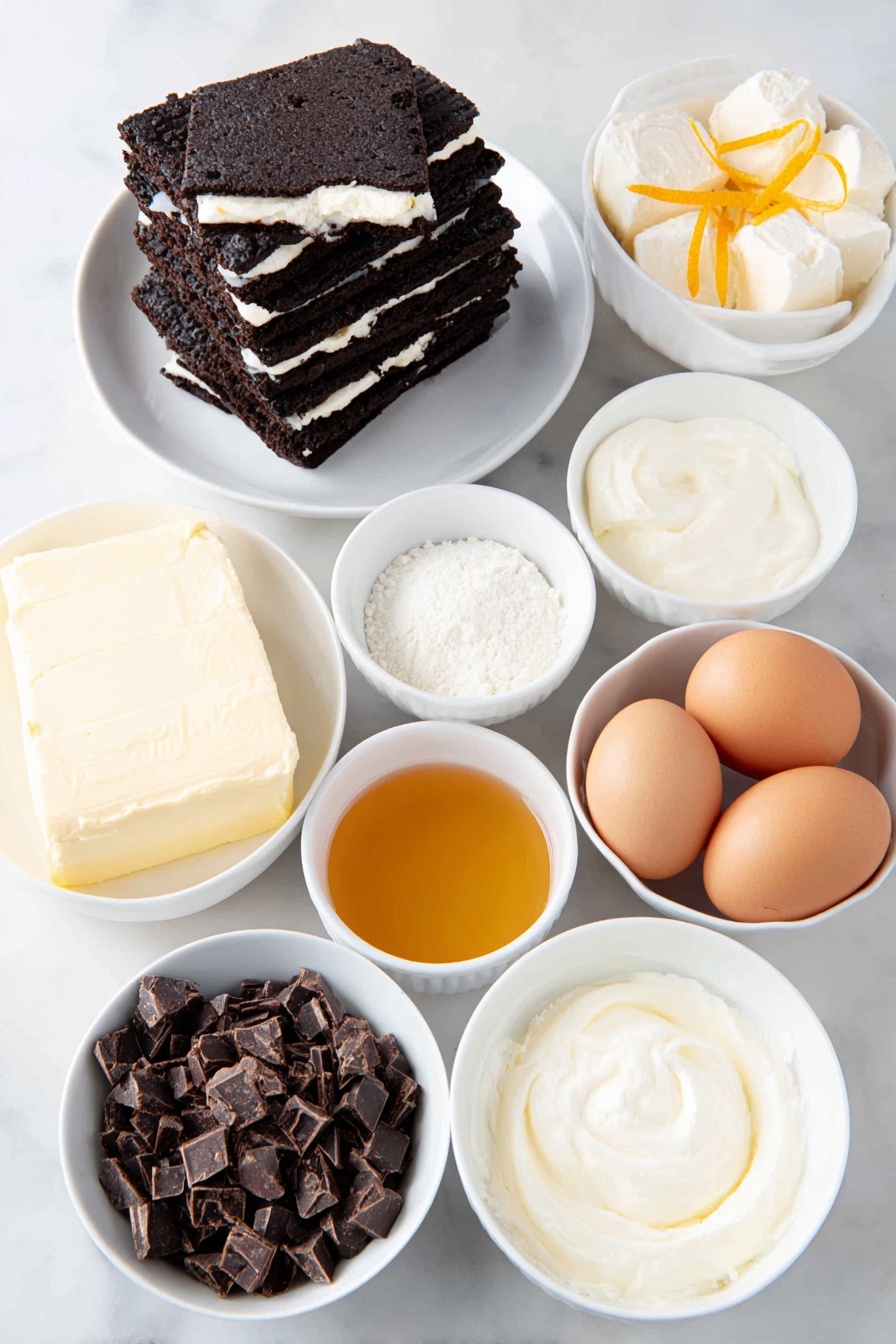 Chocolate Orange Cheesecake, orange chocolate cheesecake, no-bake cheesecake with orange, citrus and chocolate dessert, decadent orange chocolate treat - Flat lay of a stack of about 20 whole Oreo cookies with visible cream filling, a small pile of golden melted butter pooling slightly, a smooth block of soft cream cheese, a dollop of pale sour cream, a small white bowl filled with fine caster sugar, a few bright orange zest strips curled neatly, a small white bowl with fresh orange juice, a small white bowl with clear vanilla extract, three large whole brown eggs with clean shells, a heap of finely chopped dark chocolate pieces, a small white bowl of thick heavy cream, and a small white bowl with golden honey, placed on a clean white marble surface, soft natural light, photo taken with an iPhone, professional food photography style, fresh ingredients, white ceramic bowls, no bottles, no duplicates, no utensils, no packaging --ar 2:3 --v 7 --p m7354615311229779997