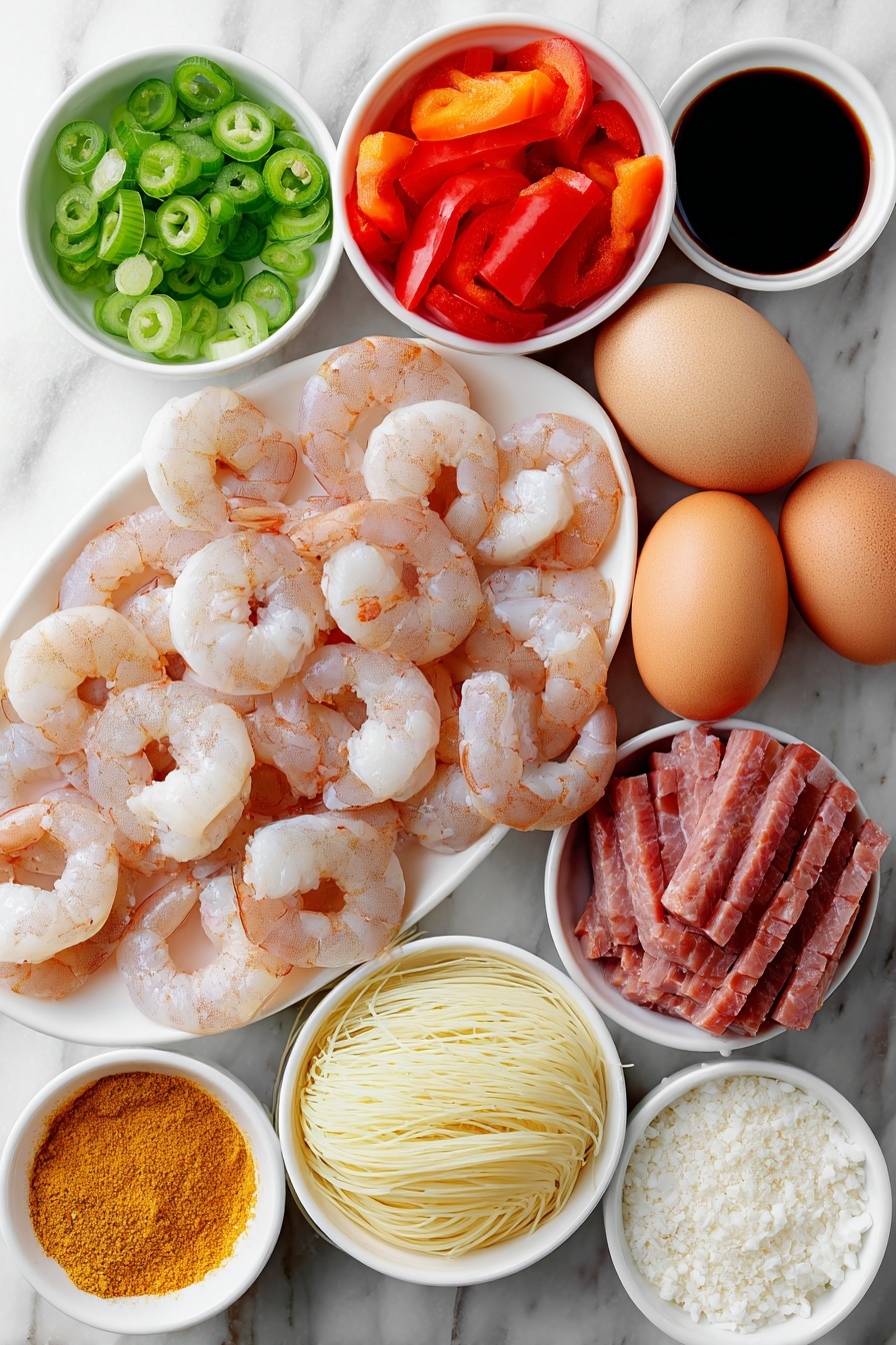 Singapore Noodles with Shrimp and Curry, Singapore Noodles recipe, shrimp noodle stir-fry, spicy curry noodles, quick Asian noodle dish - Flat lay of fresh medium raw shrimp with translucent shells, two whole uncracked brown eggs, thinly sliced yellow onion half, four whole garlic cloves, a small piece of fresh ginger root with a bit grated, thinly sliced Chinese barbecue pork (Char Siu) arranged neatly, one cup of bright red bell pepper chunks, a few thinly sliced hot green chili peppers, a small pile of dried rice vermicelli noodles, and three small white ceramic bowls containing soy sauce, Chinese cooking wine, and a golden curry powder mixed with white pepper and sugar, all placed in perfect symmetry on a clean white marble surface, soft natural light, photo taken with an iPhone, professional food photography style, fresh ingredients, white ceramic bowls, no bottles, no duplicates, no utensils, no packaging --ar 2:3 --v 7 --p m7354615311229779997