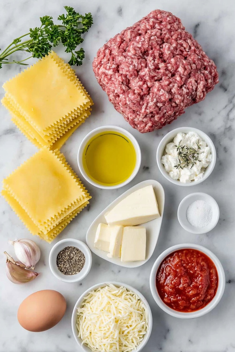 Best Ever Classic Meat Lasagna, homemade meat lasagna, cheesy meat lasagna, hearty lasagna recipe, family favorite lasagna - Flat lay of fresh ground beef in a neat mound, one medium diced onion in small white ceramic bowl, two whole uncracked brown garlic cloves, a small white bowl filled with dry red wine, a small white bowl of golden olive oil, a small white bowl with bright red marinara sauce, a small white bowl containing coarse sea salt, a small white bowl with ground black pepper, a small white bowl holding dried thyme, a small white bowl with granulated sugar, fresh parsley sprigs, nine cooked al dente flat rectangular lasagna noodles neatly stacked, a simple white ceramic bowl with creamy low-fat cottage cheese, a simple white ceramic bowl with smooth reduced fat ricotta cheese, one large whole uncracked egg with clean shell, a small white bowl holding shredded mozzarella cheese, all ingredients arranged symmetrically with perfect proportions placed on a clean white marble surface, soft natural light, photo taken with an iPhone, professional food photography style, fresh ingredients, white ceramic bowls, no bottles, no duplicates, no utensils, no packaging --ar 2:3 --v 7 --p m7354615311229779997