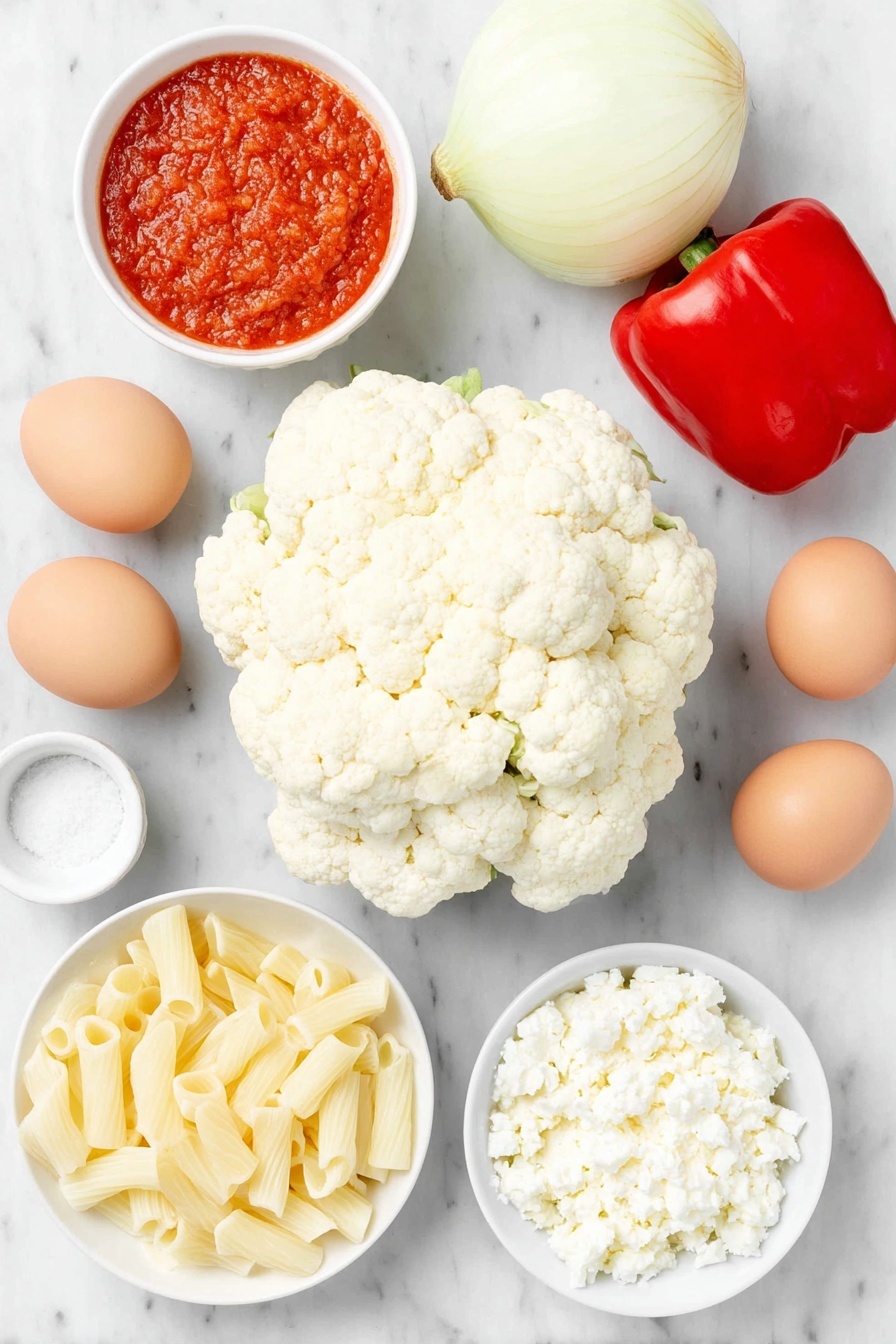Roasted Vegetable Baked Ziti, healthy baked ziti with roasted vegetables, vegetarian baked pasta recipe, hearty vegetable pasta bake, easy baked ziti with cheese and vegetables - Flat lay of a medium head of fresh cauliflower cut into bite-sized florets, a whole vibrant red bell pepper cut into 1-inch squares, a medium yellow onion sliced into wedges about half an inch wide, two whole uncracked brown eggs with clean shells, a few sprigs of fresh chopped basil, a small white ceramic bowl of bright red marinara sauce, a small white ceramic bowl filled with extra-virgin olive oil, a small white ceramic bowl with fine salt, a handful of ziti pasta tubes, a small white ceramic bowl of grated part-skim mozzarella cheese, and a small white ceramic bowl of cottage cheese, all arranged symmetrically and balanced, placed on a clean white marble surface, soft natural light, photo taken with an iPhone, professional food photography style, fresh ingredients, white ceramic bowls, no bottles, no duplicates, no utensils, no packaging --ar 2:3 --v 7 --p m7354615311229779997