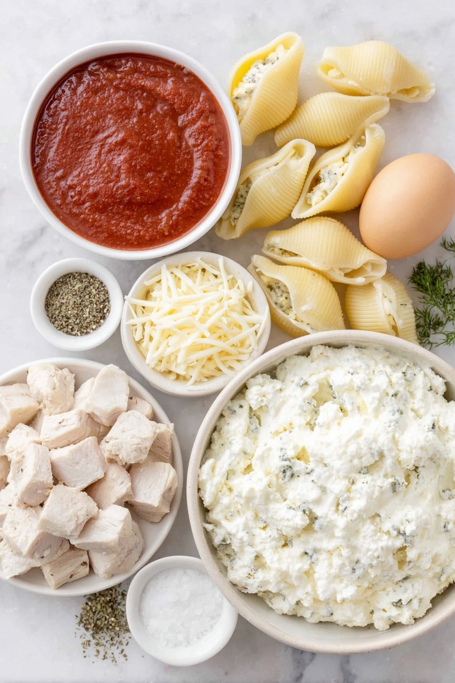 Cheesy Chicken Stuffed Shells, cheesy stuffed shells, chicken pasta bake, baked stuffed shells recipes, cheesy pasta shells - Flat lay of jumbo pasta shells arranged beside a mound of creamy ricotta cheese in a simple white ceramic bowl, shredded mozzarella cheese scattered loosely on the surface, grated Parmesan cheese in a small neat pile, cooked chicken breast diced into bite-sized pieces on a white ceramic plate, one whole uncracked brown egg, dried parsley and oregano sprinkled artfully on the marble, salt and black pepper in tiny white ceramic bowls, and a small white bowl filled with vibrant red pasta sauce, all placed on a clean white marble surface, soft natural light, photo taken with an iPhone, professional food photography style, fresh ingredients, white ceramic bowls, no bottles, no duplicates, no utensils, no packaging --ar 2:3 --v 7 --p m7354615311229779997