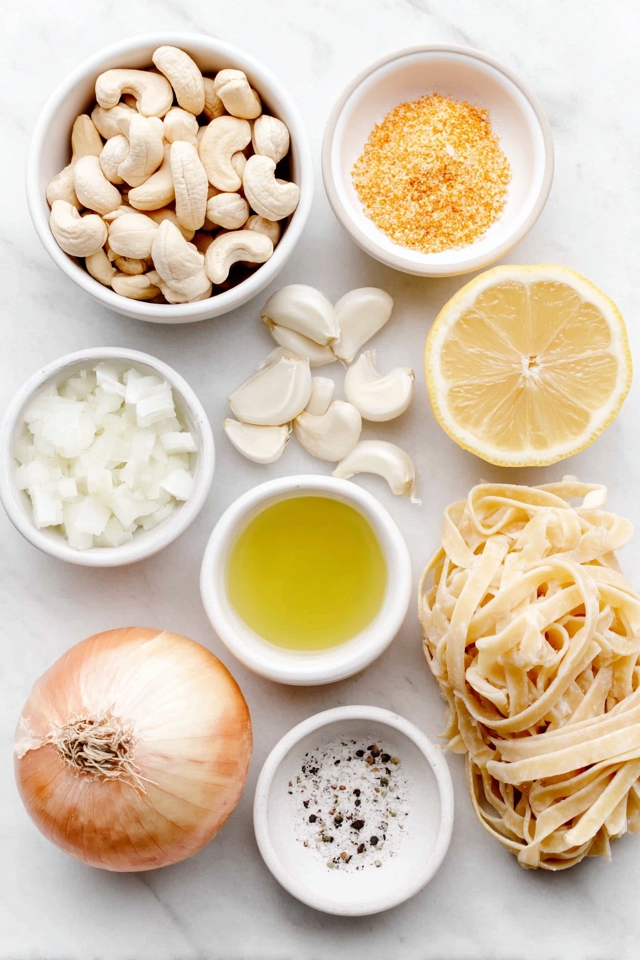 Vegan Alfredo Sauce with Cashews, vegan Alfredo sauce, dairy-free Alfredo sauce, cashew Alfredo sauce, plant-based Alfredo sauce - Flat lay of raw cashews in a small pile, a small white ceramic bowl of olive oil, half a medium sweet onion with some chopped pieces beside it, several peeled garlic cloves scattered naturally, a small white ceramic bowl filled with unsweetened almond milk, a small white ceramic bowl holding golden nutritional yeast flakes, a fresh lemon wedge next to a small white ceramic bowl containing lemon juice, a small white ceramic bowl of coarse salt, and a neatly arranged bundle of uncooked fettuccine pasta strands, all placed on a clean white marble surface, soft natural light, photo taken with an iPhone, professional food photography style, fresh ingredients, white ceramic bowls, no bottles, no duplicates, no utensils, no packaging --ar 2:3 --v 7 --p m7354615311229779997