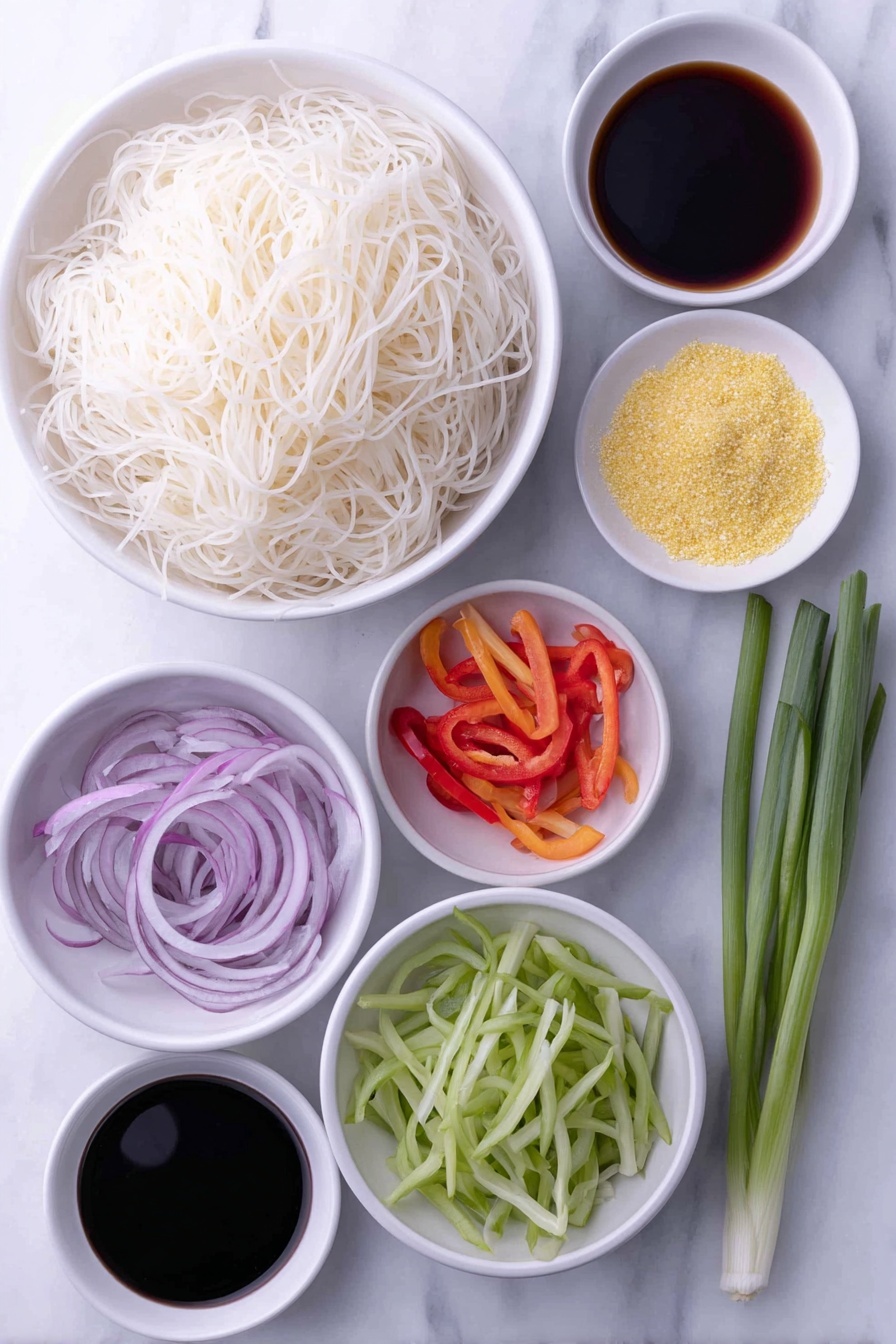 Quick and Easy Singapore Noodles, Singapore Noodles, Stir-Fry Noodles, Asian Noodle Recipes, Fast Weeknight Dinner - Flat lay of a small pile of delicate white rice noodles, a handful of thinly sliced pale purple onion rings, slender strips of vibrant red and green bell pepper, a few bright orange carrot sticks finely sliced, crisp diced green French beans, a small mound of golden yellow curry powder, two small white ceramic bowls each with a light amber sesame oil and fiery red chili oil, another small white bowl with deep brown soy sauce, a small white bowl holding clear rice vinegar, a dollop of vivid red chili paste in a tiny white bowl, two fresh green onion stalks chopped into pieces, all arranged symmetrically on a clean white marble surface, soft natural light, photo taken with an iPhone, professional food photography style, fresh ingredients, white ceramic bowls, no bottles, no duplicates, no utensils, no packaging --ar 2:3 --v 7 --p m7354615311229779997