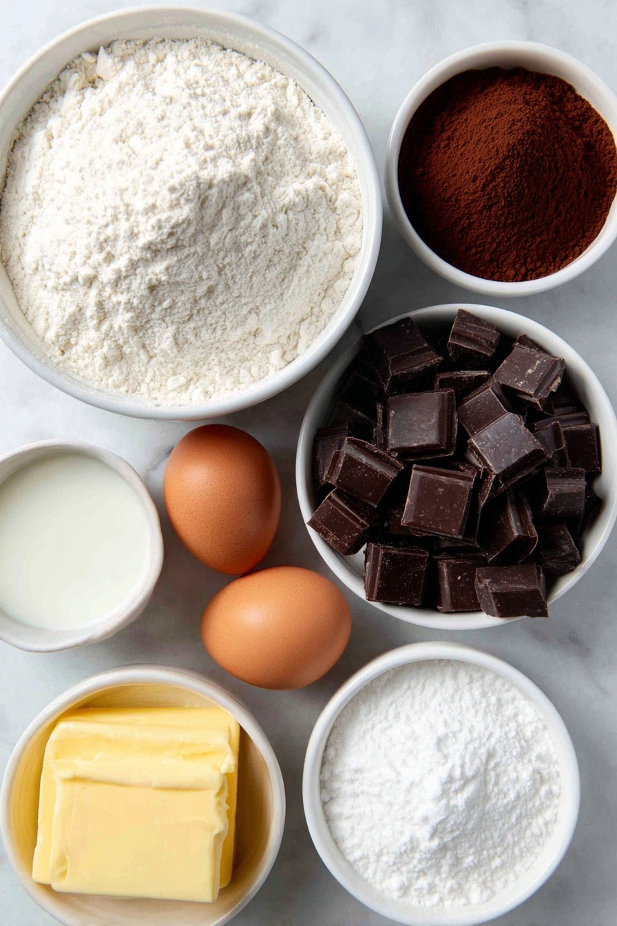 Chocolate Pinwheel Cookies, vanilla and chocolate swirl cookies, easy pinwheel cookies, holiday cookie recipes, impressive homemade cookies - Flat lay of a simple white ceramic bowl of all-purpose flour, a small white bowl of unsweetened cocoa powder, a small white bowl of milk, a stick of unsalted butter softened with a creamy texture, a small white bowl of granulated sugar, two whole uncracked brown eggs, a small white bowl of clear vanilla extract, a small white bowl of fine baking powder, a small white bowl of salt, and a small white bowl of coarsely chopped dark chocolate pieces placed on a clean white marble surface, soft natural light, photo taken with an iPhone, professional food photography style, fresh ingredients, white ceramic bowls, no bottles, no duplicates, no utensils, no packaging --ar 2:3 --v 7 --p m7354615311229779997