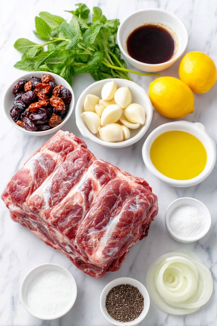 Slow Roasted Lamb Shoulder with Mint Sauce, lamb shoulder recipe, slow roast lamb, mint sauce recipe, tender lamb dinner - Flat lay of a fresh bone-in lamb shoulder with a thick layer of fat, two large peeled yellow onions cut into thick rings, six whole uncracked garlic cloves, a few sprigs of fresh mint leaves, a small bunch of fresh parsley, chopped oil-packed sun dried tomatoes in a small white ceramic bowl, a small white bowl containing light golden olive oil, two whole bright yellow lemons, a small white bowl filled with dark Worcestershire sauce, a small white bowl with clear apple cider vinegar, a small white bowl of light brown low sodium soy sauce, a small white bowl of white granulated sugar, a small white bowl with hot water, and a small white bowl with freshly ground black peppercorns placed on a clean white marble surface, soft natural light, photo taken with an iPhone, professional food photography style, fresh ingredients, white ceramic bowls, no bottles, no duplicates, no utensils, no packaging --ar 2:3 --v 7 --p m7354615311229779997