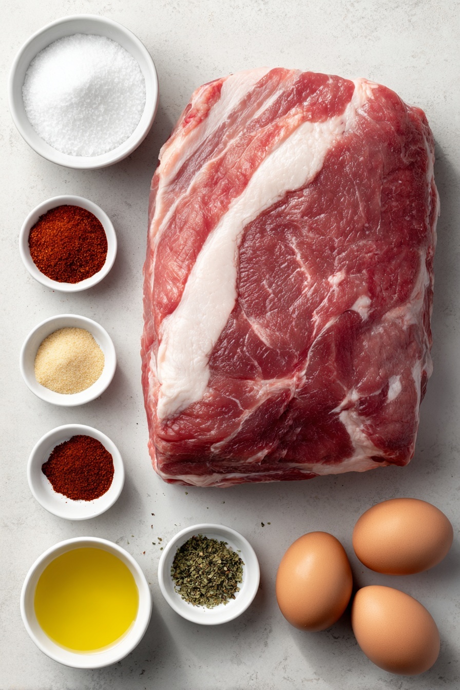 Slow Cooker Pulled Pork, easy pulled pork recipe, tender pork shoulder, smoky pulled pork, homemade pulled pork - Flat lay of a large raw pork shoulder with visible fat cap, a small white ceramic bowl of coarse kosher salt, a small white ceramic bowl of ground black pepper, a small white ceramic bowl of vibrant red paprika powder, a small white ceramic bowl of pale yellow garlic powder, a small white ceramic bowl of off-white onion powder, a small white ceramic bowl of deep red chili powder, a small white ceramic bowl of bright reddish cayenne pepper, a small white ceramic bowl of light brown cumin powder, a small white ceramic bowl of muted yellow dry mustard powder, a small white ceramic bowl of packed dark brown sugar, a small white ceramic bowl of golden olive oil, a small white ceramic bowl of clear liquid smoke, a small white ceramic bowl of light yellow vegetable oil, and three whole uncracked brown eggs, all arranged in perfect symmetry on a clean white marble surface, soft natural light, photo taken with an iPhone, professional food photography style, fresh ingredients, white ceramic bowls, no bottles, no duplicates, no utensils, no packaging --ar 2:3 --v 7 --p m7354615311229779997