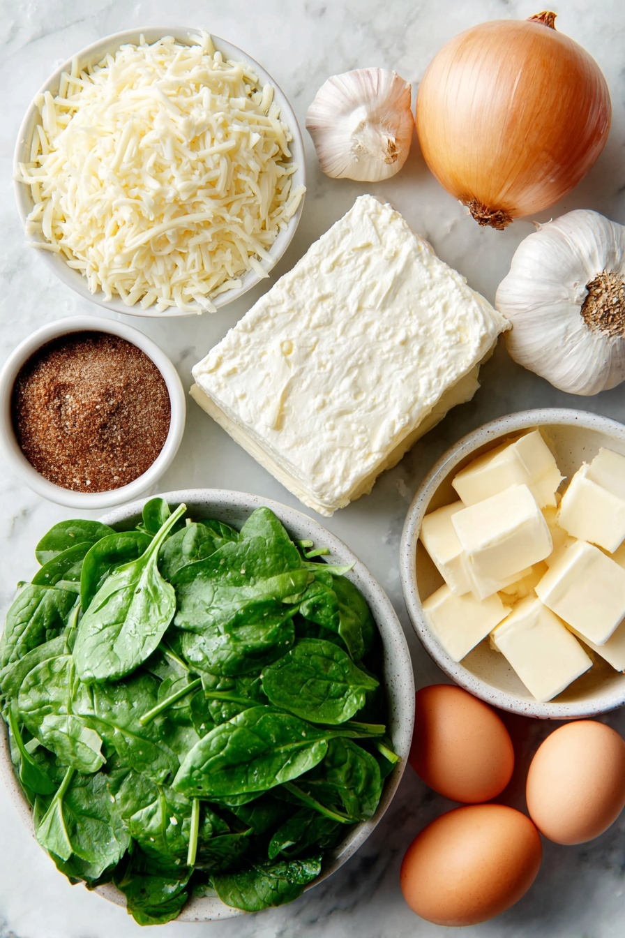 Creamed Spinach, Creamed Spinach Side Dish, How to Make Creamed Spinach, Easy Creamed Spinach Recipe, Creamed Spinach with Cheese - Flat lay of fresh bright green chopped spinach leaves loosely piled in a simple white ceramic bowl, a small white bowl of creamy mozzarella cheese shreds, a small white bowl of grated pale parmesan cheese, a medium unpeeled yellow onion whole and round, six plump whole garlic cloves arranged neatly, a small square block of smooth cream cheese resting on a white dish, a small white bowl filled with thick heavy cream, a few pats of rich yellow butter, a tiny white bowl containing freshly ground nutmeg powder, whole clean uncracked brown eggs placed nearby for scale, coarse sea salt crystals and freshly cracked black peppercorns scattered symmetrically on the surface, all placed on a clean white marble surface, soft natural light, photo taken with an iPhone, professional food photography style, fresh ingredients, white ceramic bowls, no bottles, no duplicates, no utensils, no packaging --ar 2:3 --v 7 --p m7354615311229779997