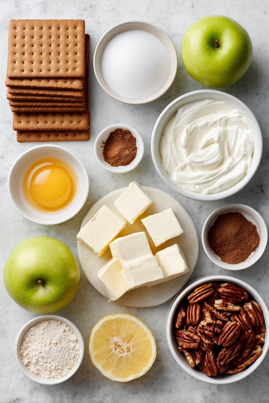 Caramel Apple Cheesecake, fall dessert recipes, apple cheesecake with caramel, easy caramel apple dessert, creamy cheesecake with spiced apples - Flat lay of fourteen whole honey graham cracker sheets stacked neatly, a small white ceramic bowl holding granulated sugar, a small white ceramic bowl with melted butter shimmering, four large whole eggs with clean shells, one large whole egg similarly pristine, four blocks of full fat cream cheese arranged side by side, a small white ceramic bowl of sour cream smooth and creamy, a fresh lemon with a few slices of its bright zest, a small white ceramic bowl filled with ground cinnamon, a small white ceramic bowl containing a mixed pile of ground ginger, ground nutmeg, and allspice, a small white ceramic bowl of salt crystals, six whole Granny Smith apples vibrant green and unpeeled, a small white ceramic bowl of fresh lemon juice, a small white ceramic bowl with cornstarch powder, a small white ceramic bowl of chopped pecans, a small white ceramic bowl filled with packed light brown sugar, a small white ceramic bowl of granulated sugar, a small white ceramic bowl holding vanilla extract, small cubes of unsalted butter glowing softly – all carefully arranged in balanced symmetry, placed on a clean white marble surface, soft natural light, photo taken with an iPhone, professional food photography style, fresh ingredients, white ceramic bowls, no bottles, no duplicates, no utensils, no packaging --ar 2:3 --v 7 --p m7354615311229779997