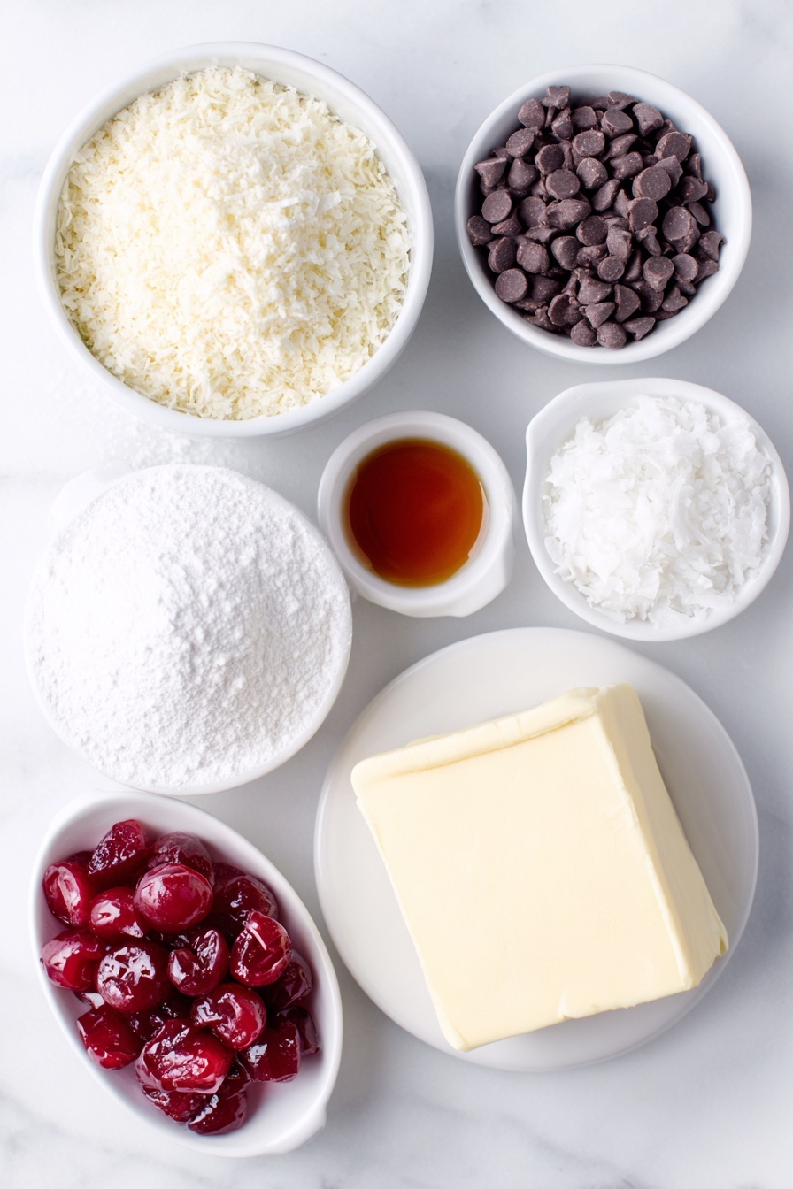 Cherry Bourbon Balls, Bourbon Truffles, Cherry Chocolate Bites, Holiday Treats, Boozy Candy - Flat lay of finely chopped pecans in a simple white ceramic bowl, a small white bowl of amber bourbon, a small white bowl with finely chopped bright red maraschino cherries, a chunk of softened pale yellow butter on a white ceramic plate, powdered sugar mounded in a small white ceramic bowl, glossy semi-sweet chocolate chips spilling slightly in a white bowl, a small white bowl with smooth white coconut oil, and vibrant red candied cherry halves arranged neatly on a separate white ceramic dish, placed on a clean white marble surface, soft natural light, photo taken with an iPhone, professional food photography style, fresh ingredients, white ceramic bowls, no bottles, no duplicates, no utensils, no packaging --ar 2:3 --v 7 --p m7354615311229779997