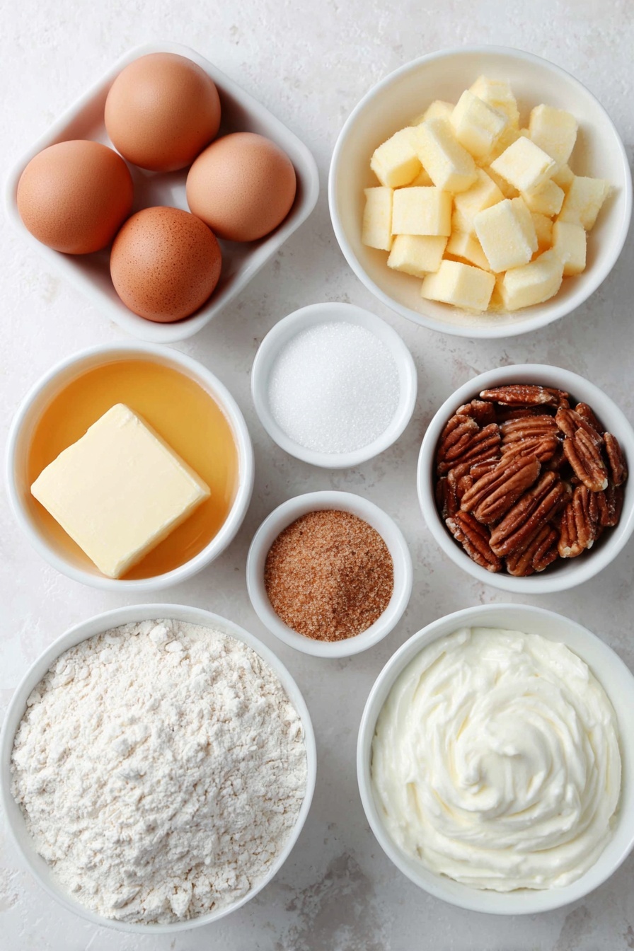 Soft Apple Cinnamon Rolls, apple cinnamon rolls, easy cinnamon roll recipe, homemade apple cinnamon buns, bakery-style cinnamon rolls - Flat lay of a simple white ceramic bowl with whole brown eggs with clean shells, a small white bowl filled with lukewarm whole milk, a small white bowl of granulated sugar, a small white bowl of active dried yeast granules, a small white bowl with kosher salt, a small white bowl of all-purpose flour, a square of unsalted butter at room temperature, four peeled and cored medium apples diced into small cubes, a small white bowl with brown sugar, a small white bowl with ground cinnamon, a small white bowl of cornstarch, whole pecan halves, a small white bowl filled with softened unsalted butter, a small white bowl of cream cheese at room temperature, a small white bowl with sifted powdered sugar, a small white bowl containing heavy whipping cream placed on a clean white marble surface, soft natural light, photo taken with an iPhone, professional food photography style, fresh ingredients, white ceramic bowls, no bottles, no duplicates, no utensils, no packaging --ar 2:3 --v 7 --p m7354615311229779997