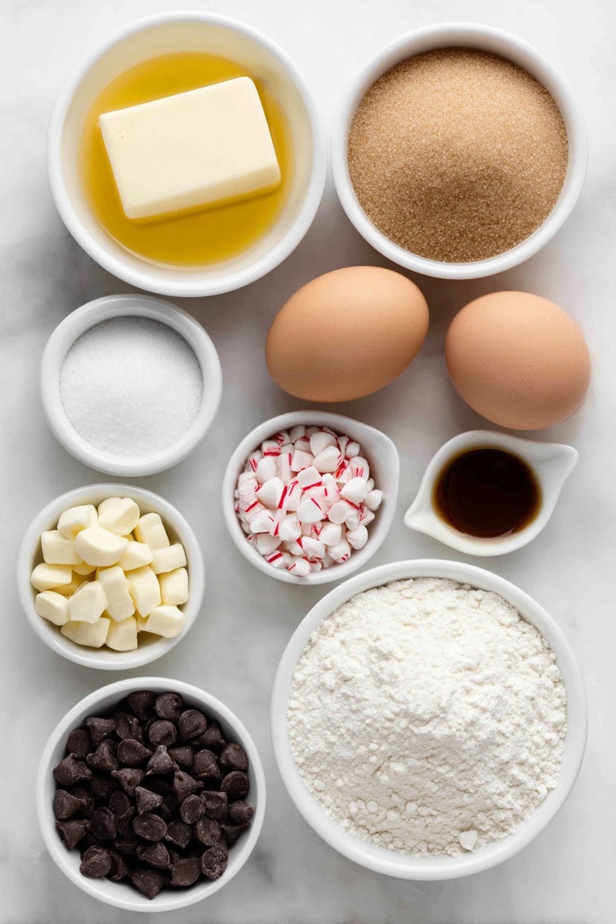 Peppermint Bark Brownie, Christmas brownie recipes, holiday peppermint desserts, fudge brownie with peppermint, festive chocolate treats - Flat lay of two large whole brown eggs with clean shells, a small white ceramic bowl of melted golden butter, a small white ceramic bowl filled with light brown sugar, a small white ceramic bowl of white granulated sugar, a small white ceramic bowl holding pale amber vanilla extract, a small white ceramic bowl containing translucent peppermint extract, a small white ceramic bowl of fine all-purpose flour, a small white ceramic bowl of dark unsweetened cocoa powder, a small white ceramic bowl with fine white salt, a small pile of semi-sweet chocolate chips, a small pile of white chocolate chips, a small white ceramic bowl of clear coconut oil, and a small mound of crushed round peppermint candies in red and white colors, all arranged symmetrically on a clean white marble surface, soft natural light, photo taken with an iPhone, professional food photography style, fresh ingredients, white ceramic bowls, no bottles, no duplicates, no utensils, no packaging --ar 2:3 --v 7 --p m7354615311229779997