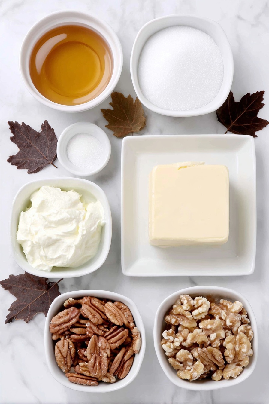 Maple Walnut Fudge, maple walnut fudge recipe, how to make maple walnut fudge, easy maple walnut fudge, homemade maple walnut fudge - Flat lay of a small white ceramic bowl filled with golden amber maple syrup, a small white ceramic bowl of fine granulated white sugar, a small white ceramic bowl of rich heavy whipping cream, a small white ceramic bowl containing a pinch of salt, a square of pale unsalted butter on a white ceramic plate, a small white ceramic bowl holding light brown vanilla beans, a small white ceramic bowl with a few whole maple leaves for a natural touch, a small white ceramic bowl filled with roughly chopped walnuts alongside a few whole walnuts arranged neatly, all arranged symmetrically and balanced, placed on a clean white marble surface, soft natural light, photo taken with an iPhone, professional food photography style, fresh ingredients, white ceramic bowls, no bottles, no duplicates, no utensils, no packaging --ar 2:3 --v 7 --p m7354615311229779997