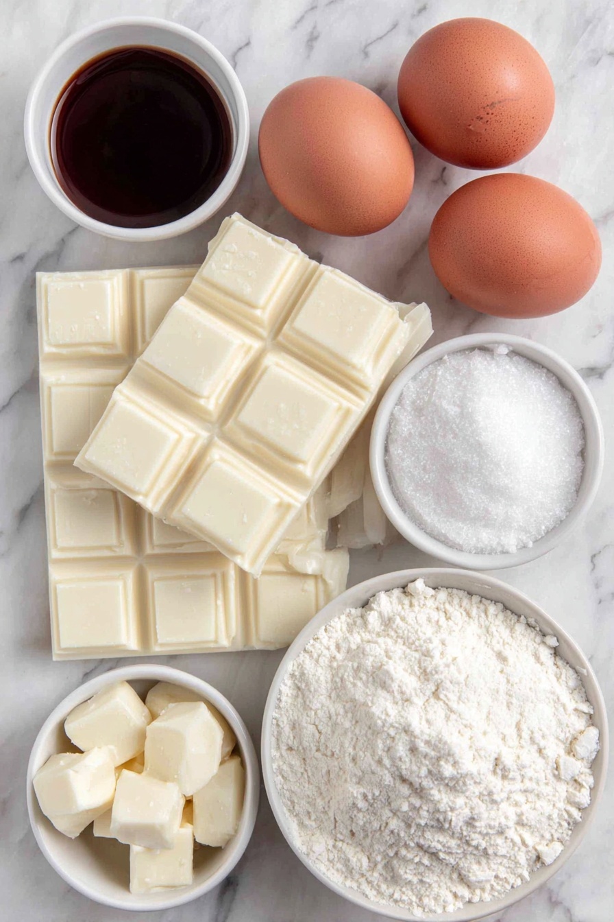 White Chocolate Brownie Squares, White Chocolate Brownies, White Chocolate Dessert, Easy Brownie Recipes, Decadent White Chocolate Treats - Flat lay of chopped white chocolate bars, small cubes of unsalted butter, two whole brown eggs with clean shells, two whole egg yolks in a small white ceramic bowl, granulated white sugar in a small white ceramic bowl, vanilla extract in a small white ceramic bowl, all-purpose flour in a small white ceramic bowl, a small white ceramic bowl of salt, all arranged with perfect symmetry and balanced proportions, placed on a clean white marble surface, soft natural light, photo taken with an iPhone, professional food photography style, fresh ingredients, white ceramic bowls, no bottles, no duplicates, no utensils, no packaging --ar 2:3 --v 7 --p m7354615311229779997